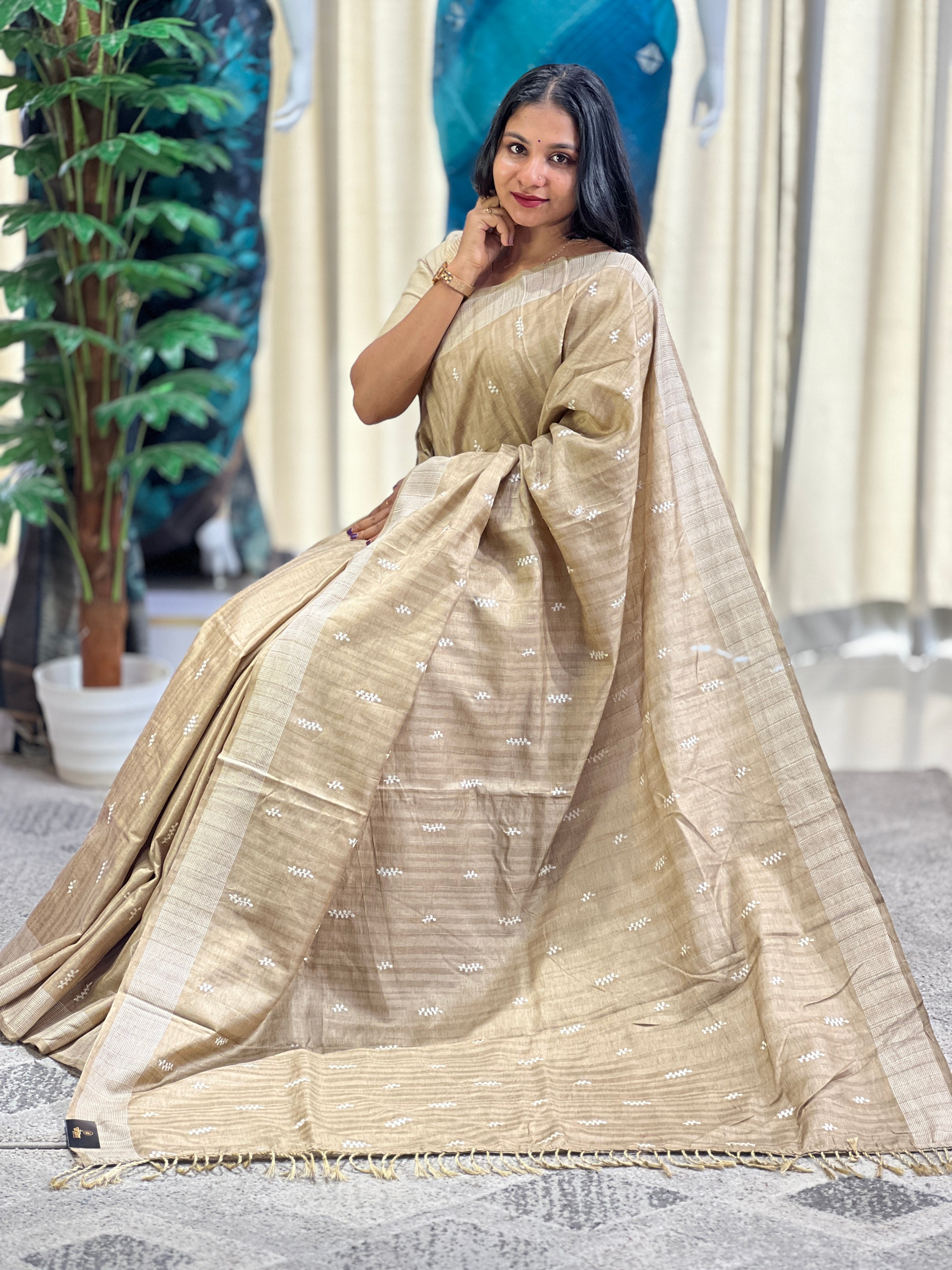 Machine Embroidery Semi Tussar Saree | SUN290