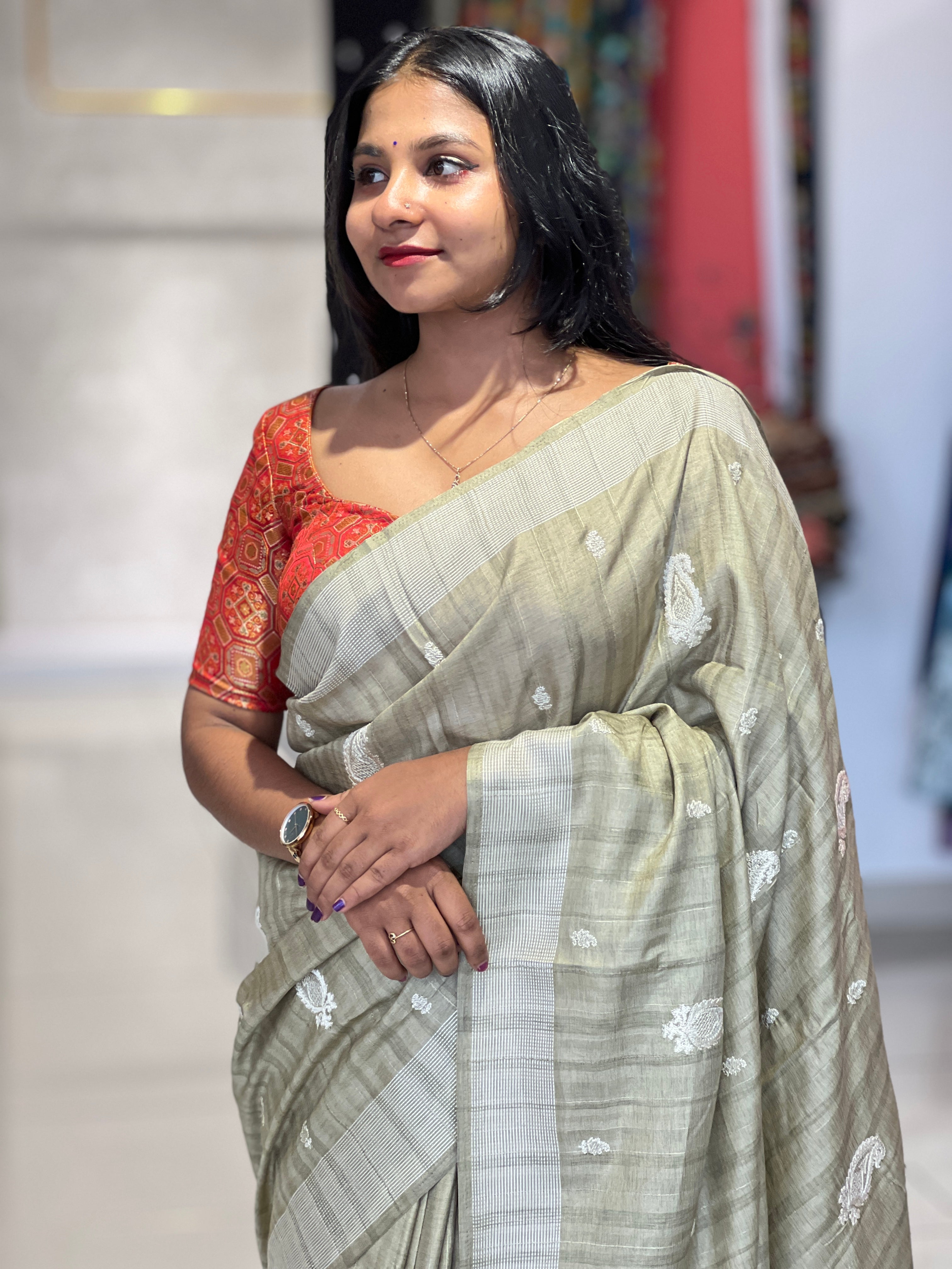 Paisley Machine Embroidery Detailed Semi Tussar Saree | SUN297