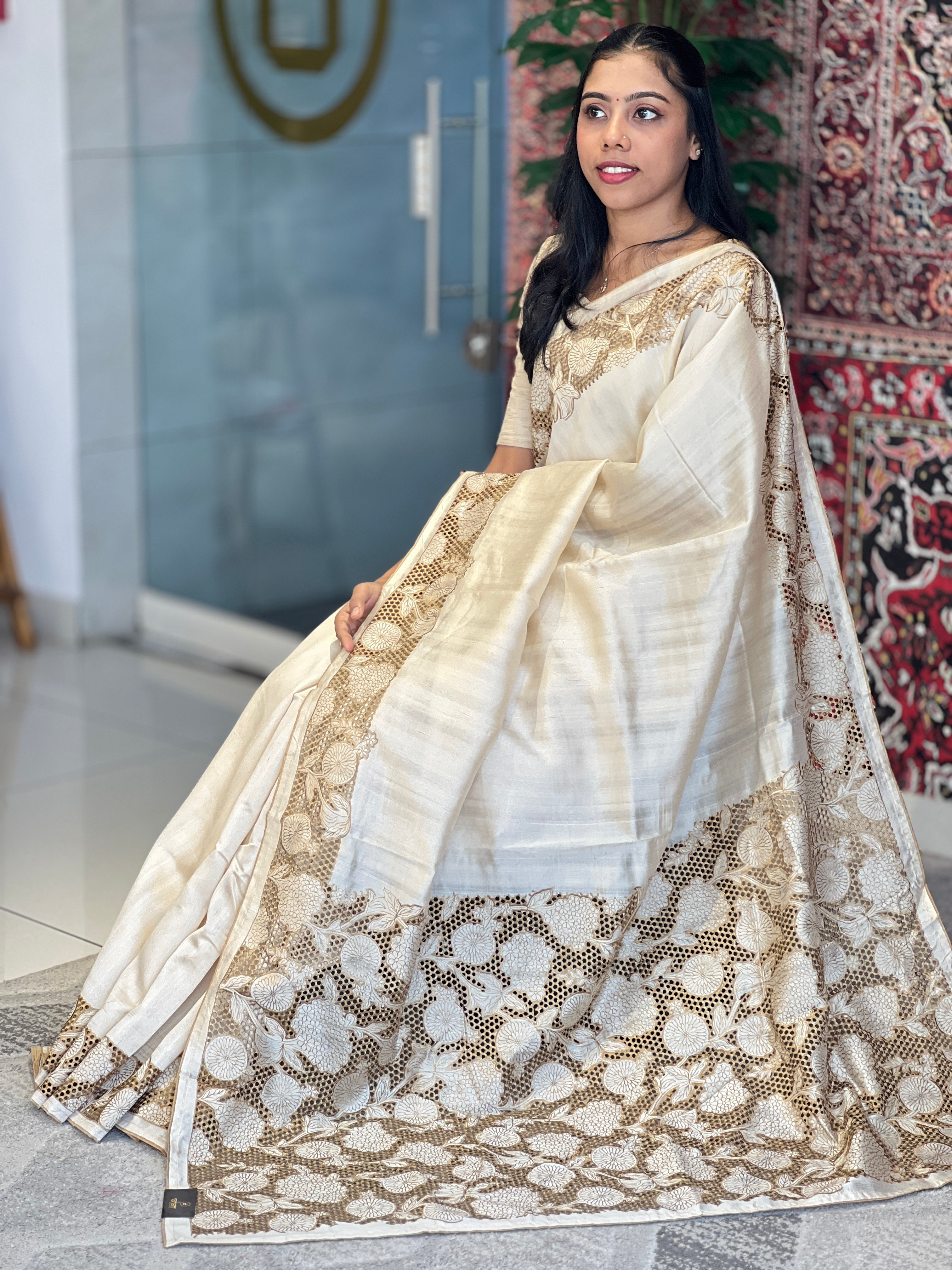 Cut Work With Floral Embroidery Detailed  Semi Tussar Saree | SUN311