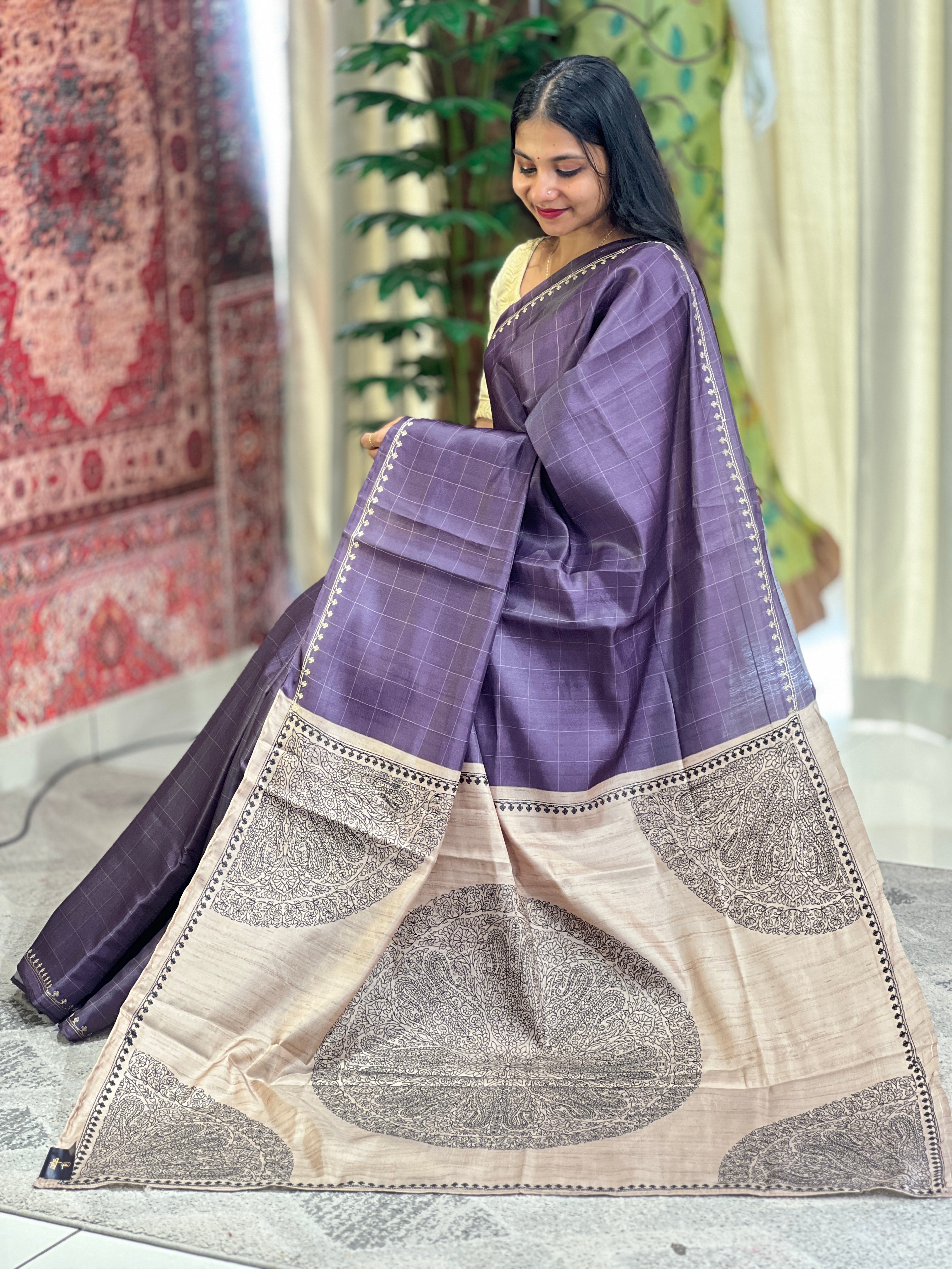 Print With Thread Embroidery Detailed Semi Tussar Saree | SUN314