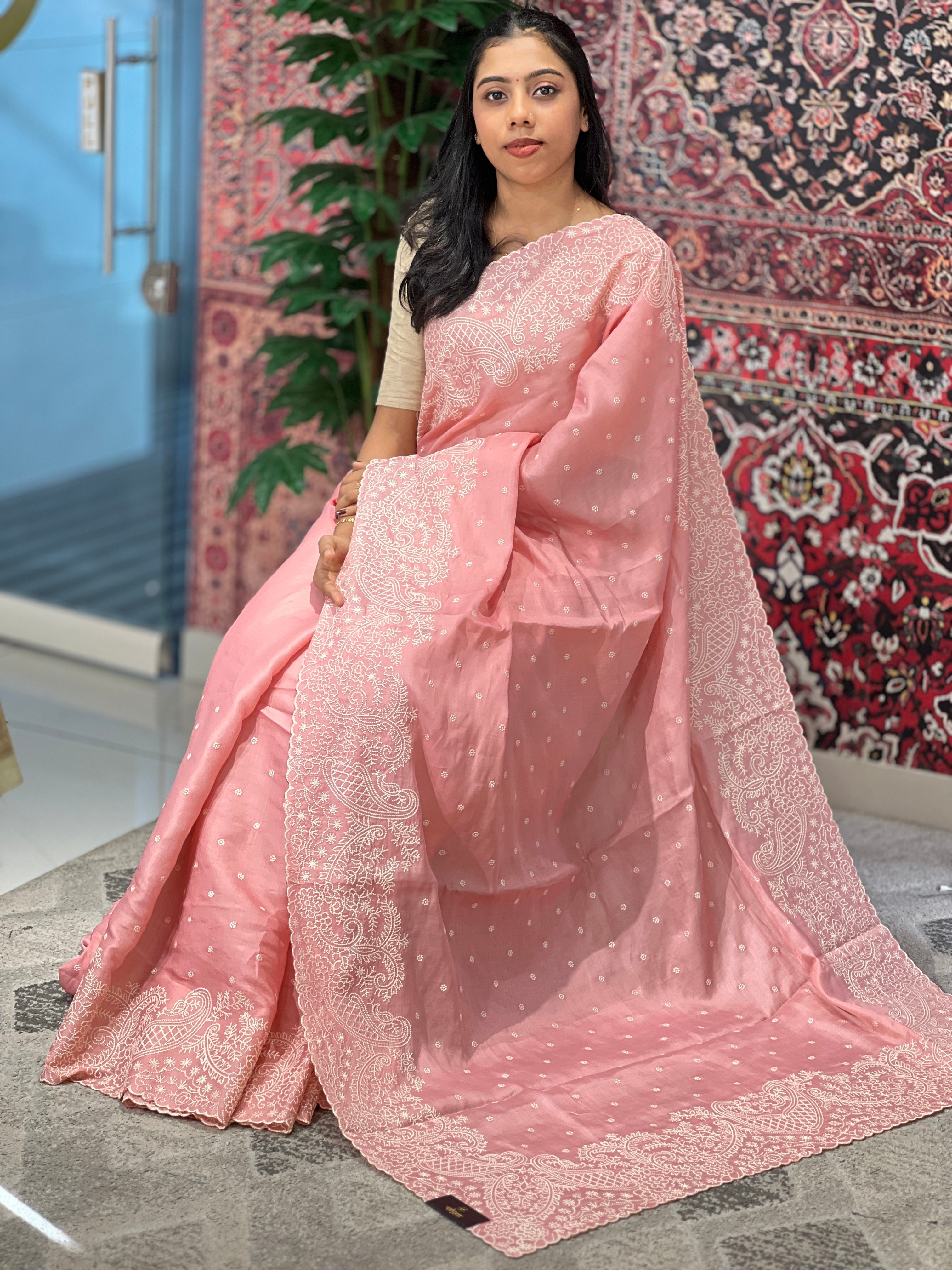 Point Embroidery Paisley Detailed Tussar Finish Saree | SUN331