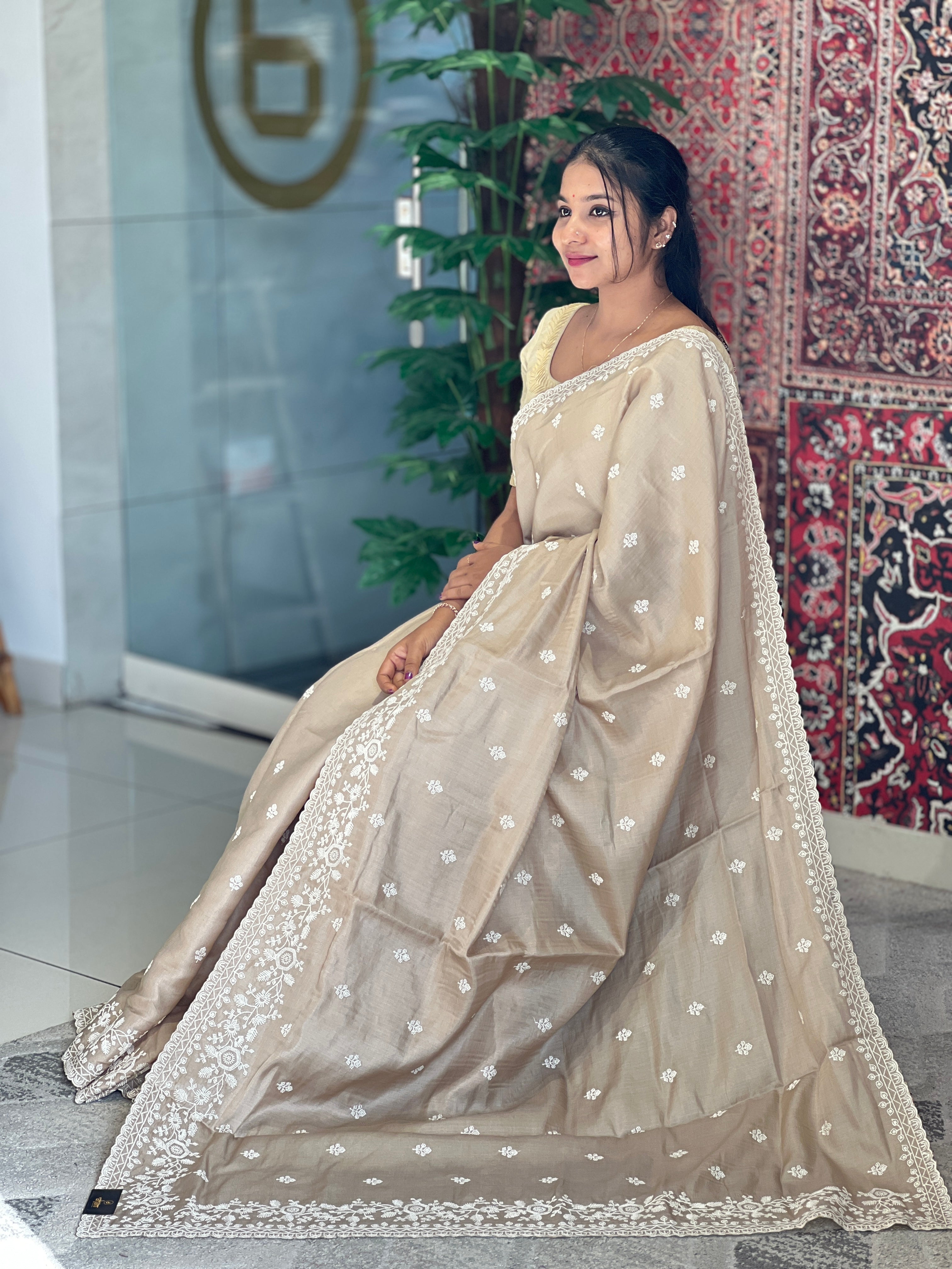 Point Embroidery Detailed Tussar Finish Saree | SUN334