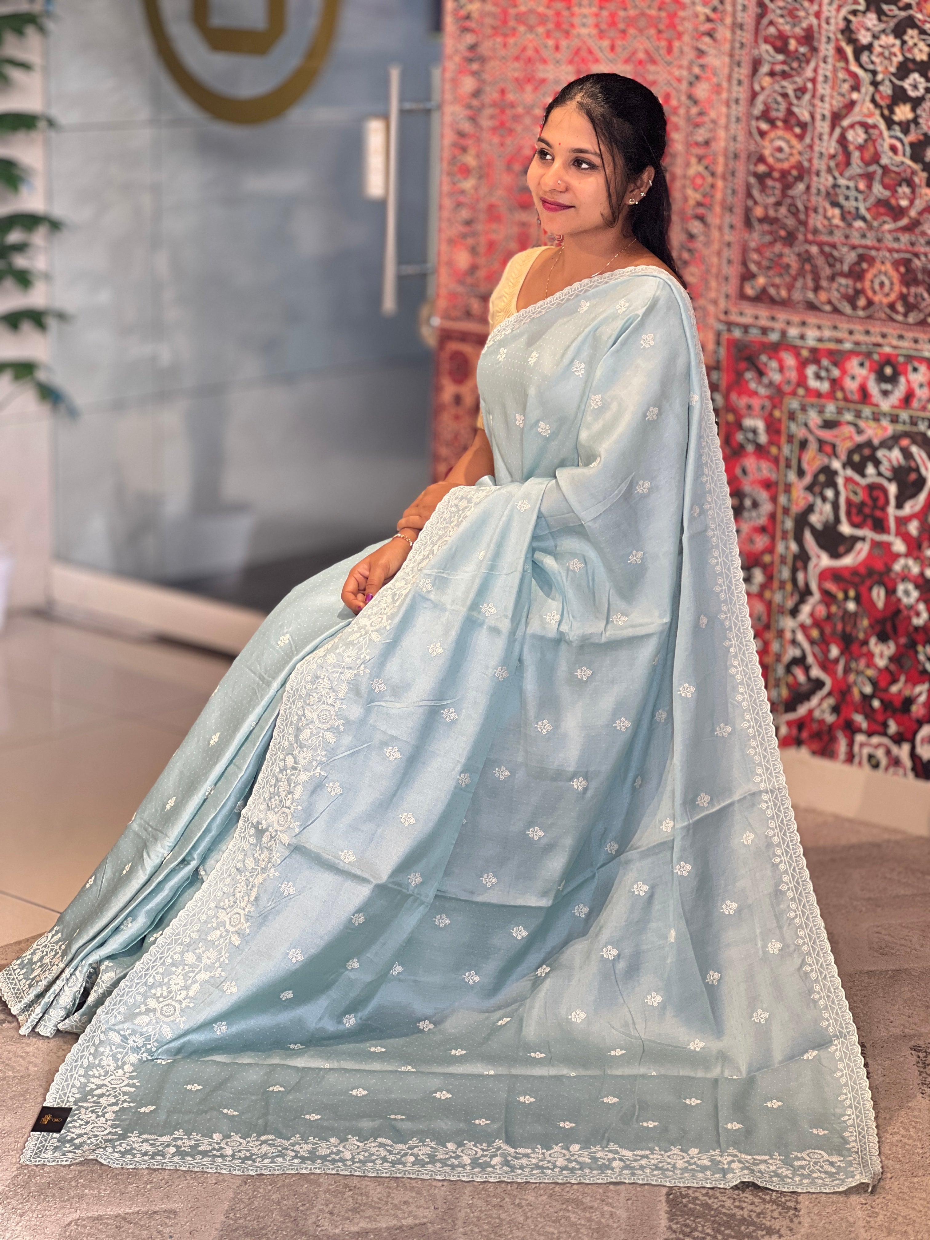 Point Embroidery Detailed Tussar Finish Saree | SUN337