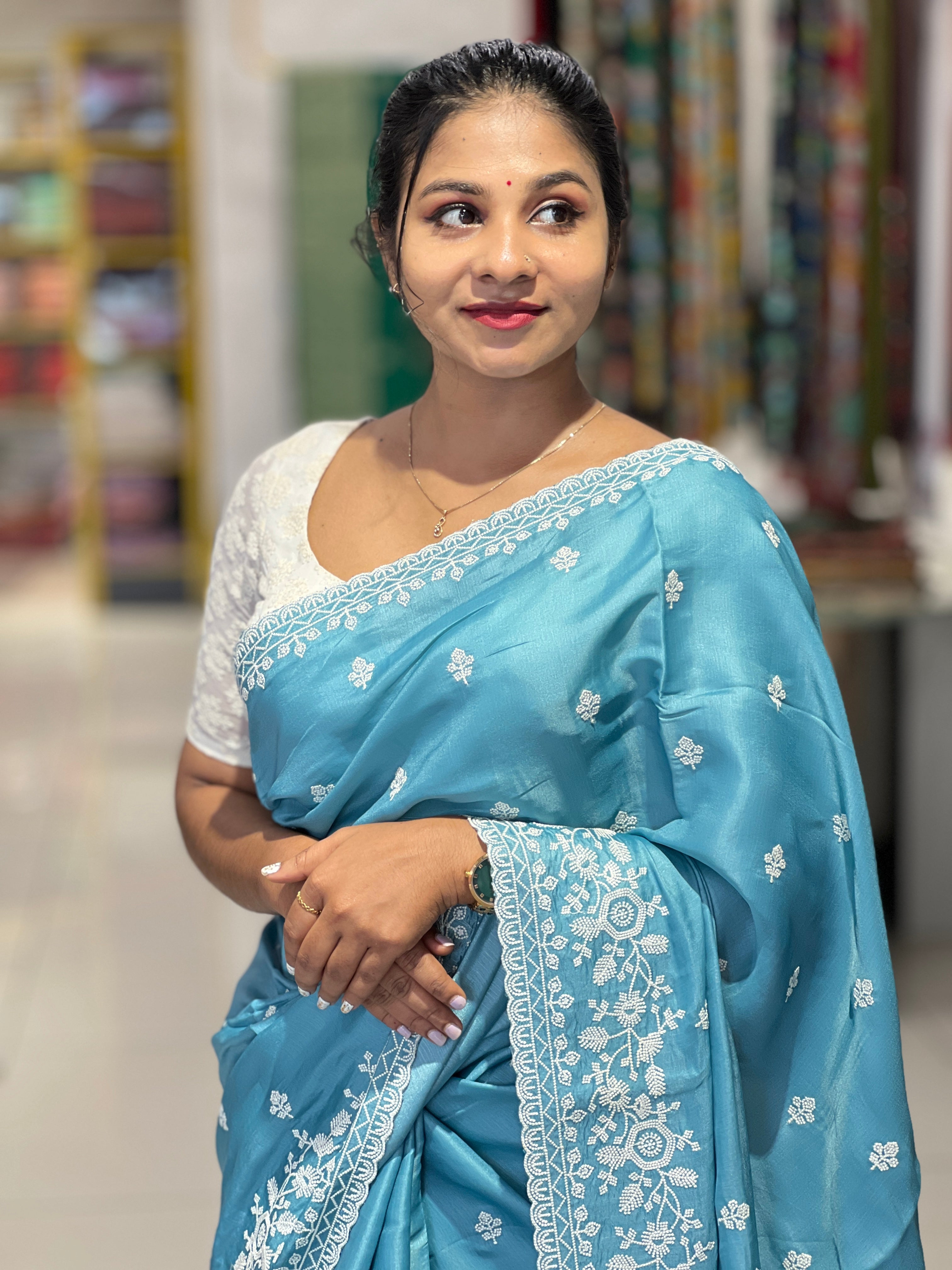 Point Embroidery Detailed Tussar Finish Saree | SUN341