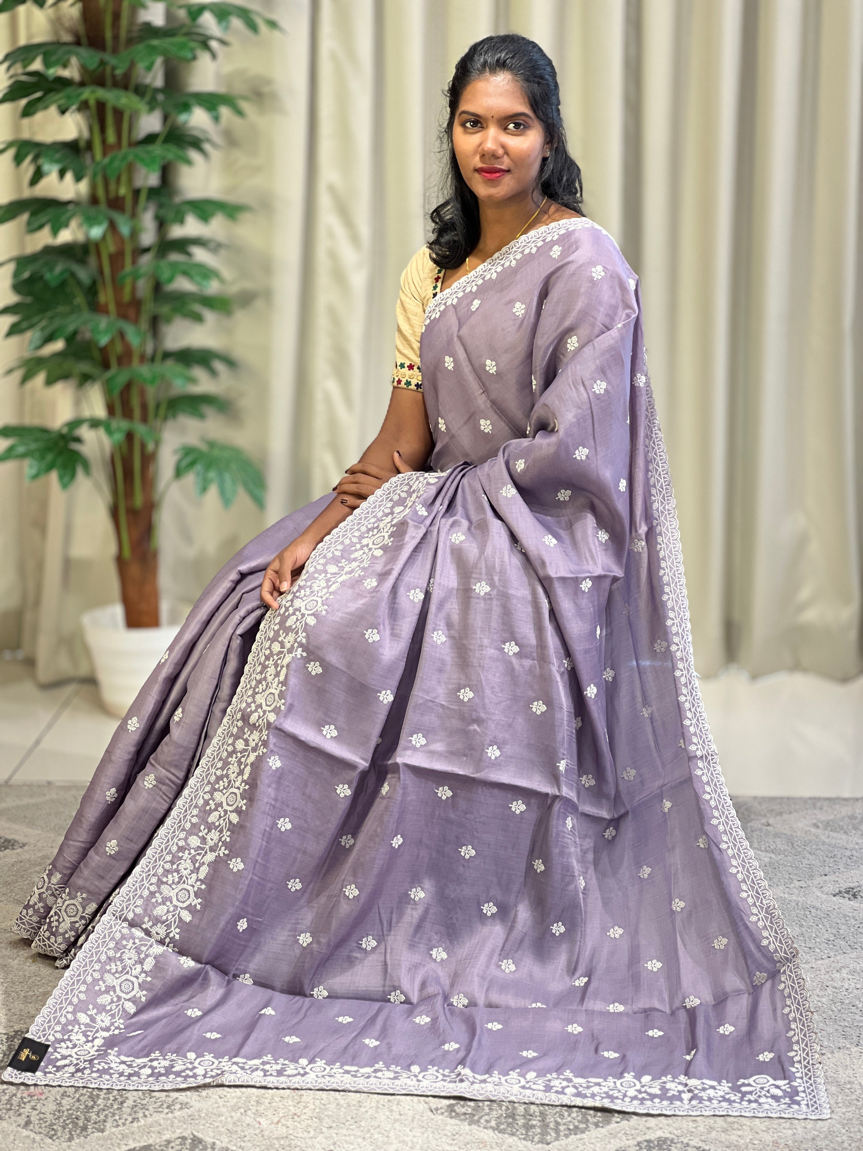 Point Embroidery Detailed Tussar Finish Saree | SUN343