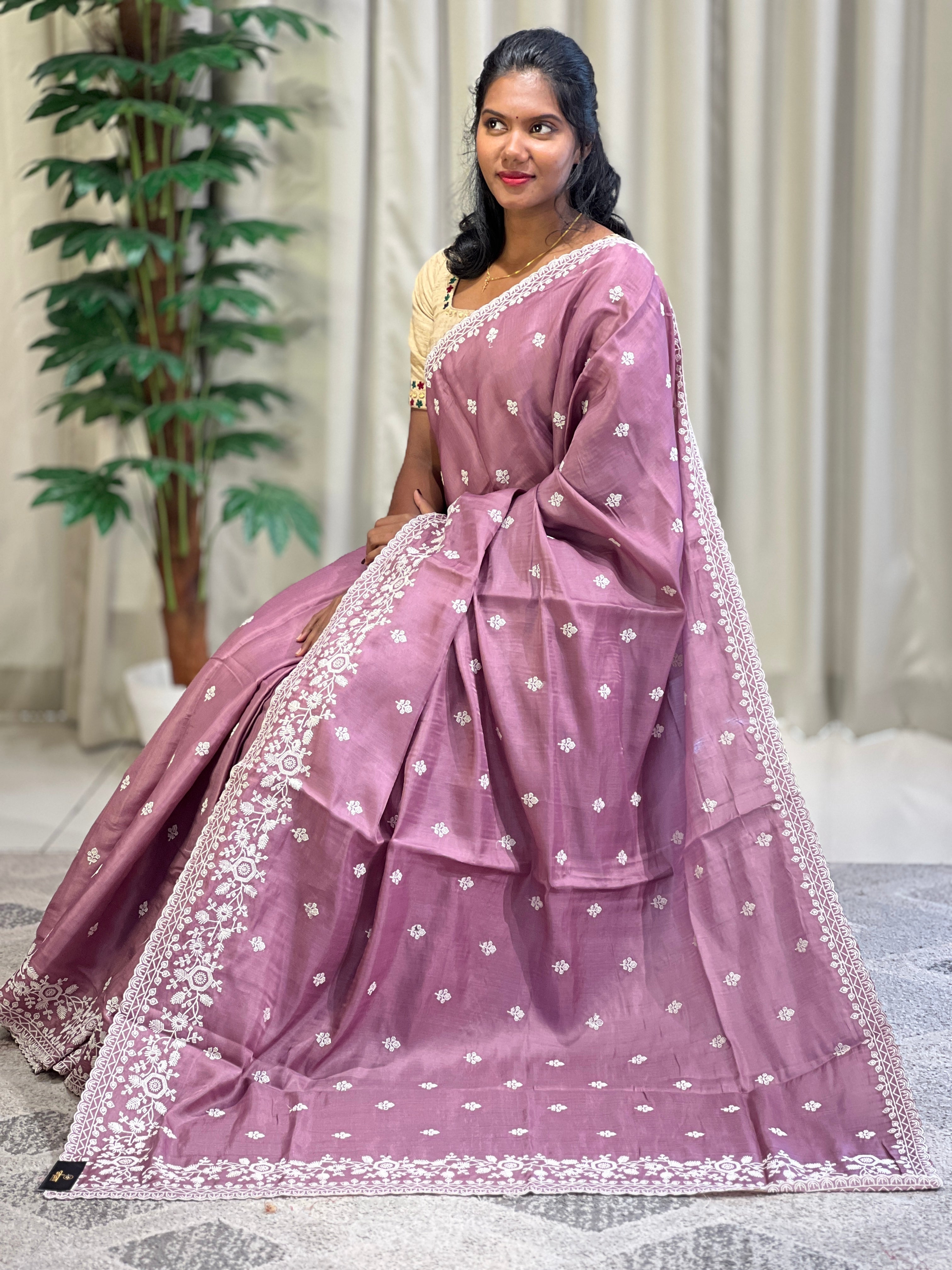 Point Embroidery Detailed Tussar Finish Saree | SUN344