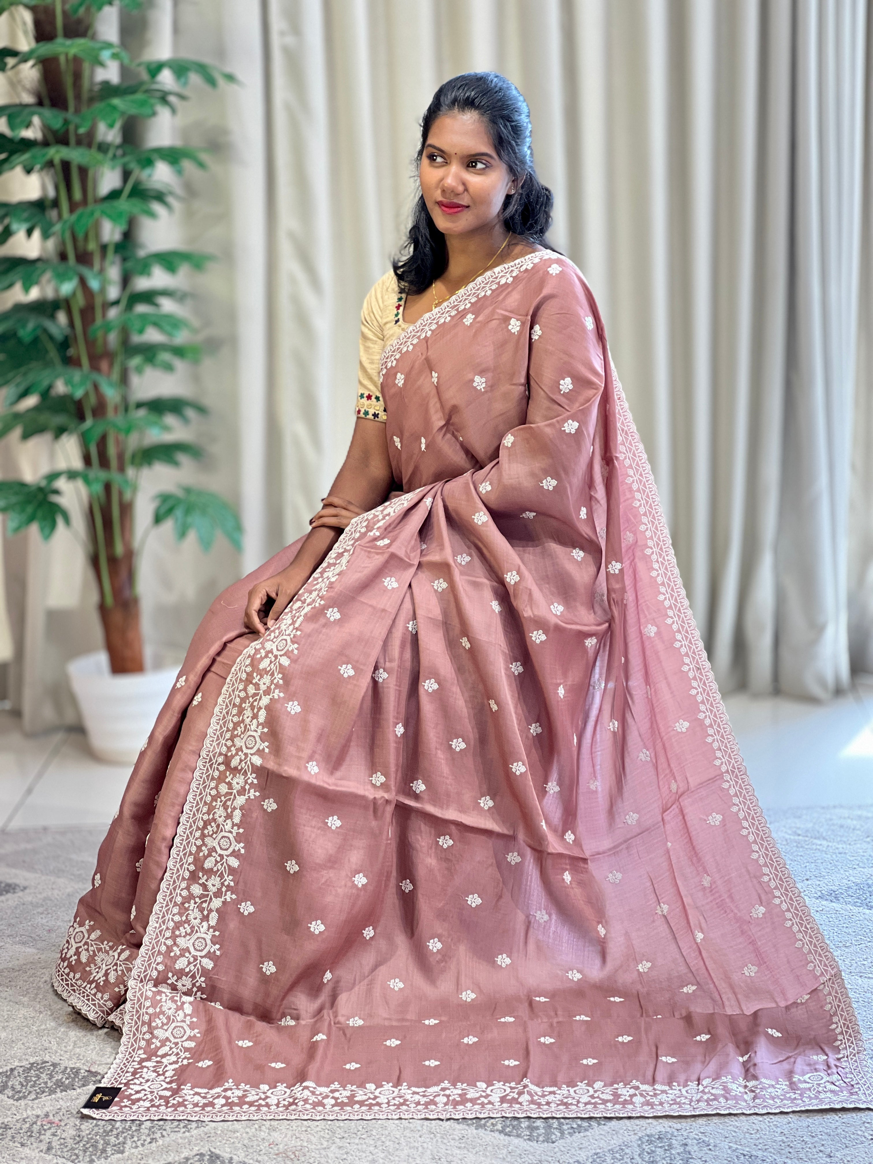 Point Embroidery Detailed Tussar Finish Saree | SUN346