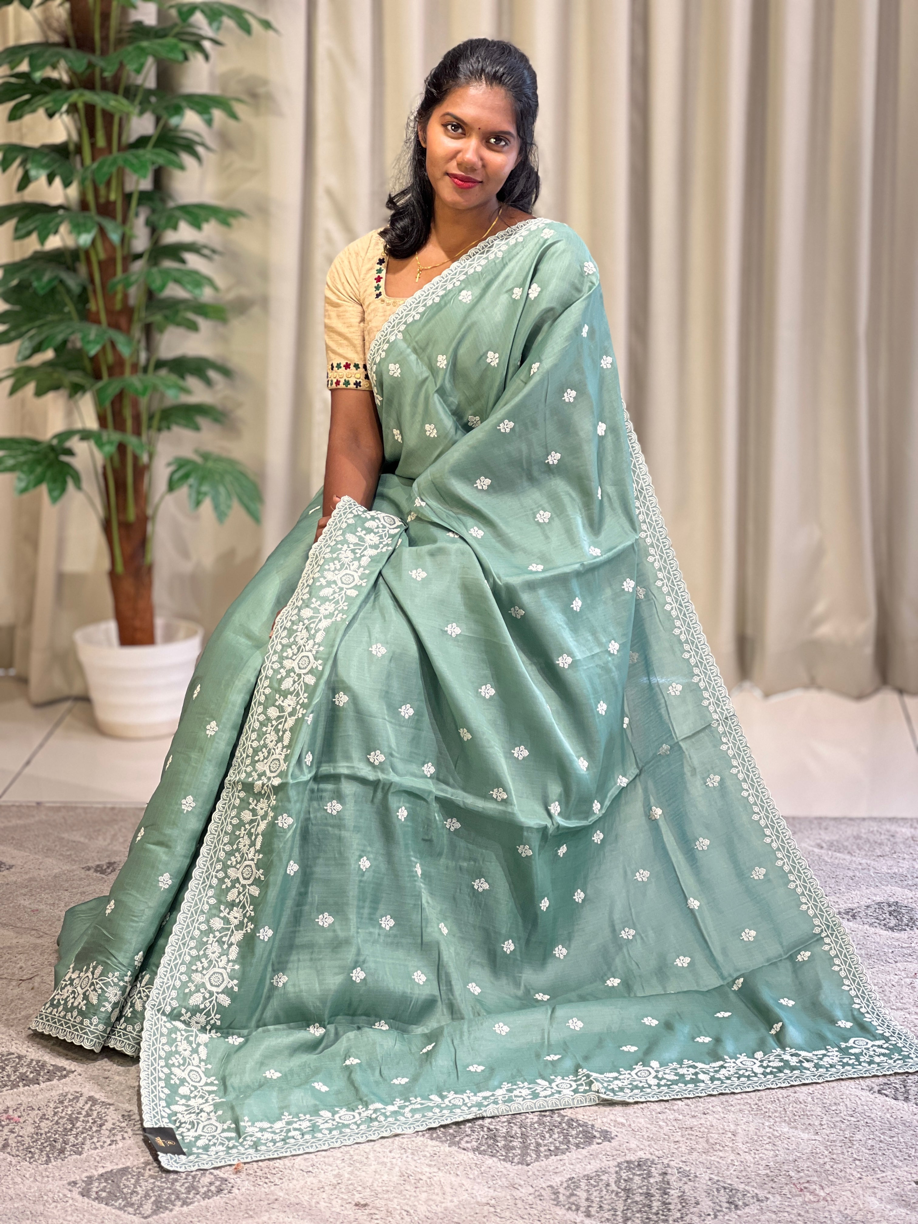 Point Embroidery Detailed Tussar Finish Saree | SUN347