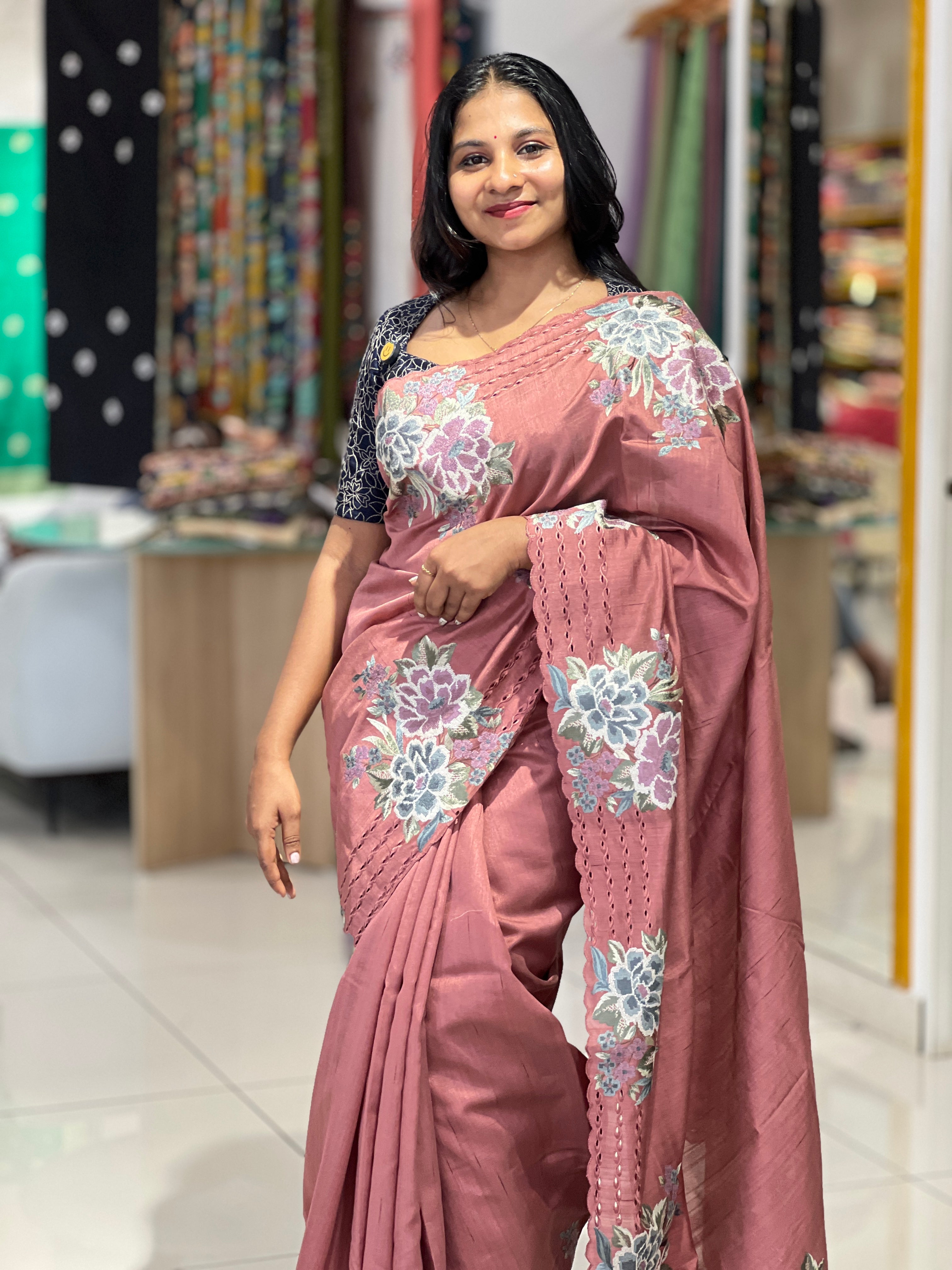 Floral Embroidery With Cut Work Detailed Tussar Finish Saree | SUN356