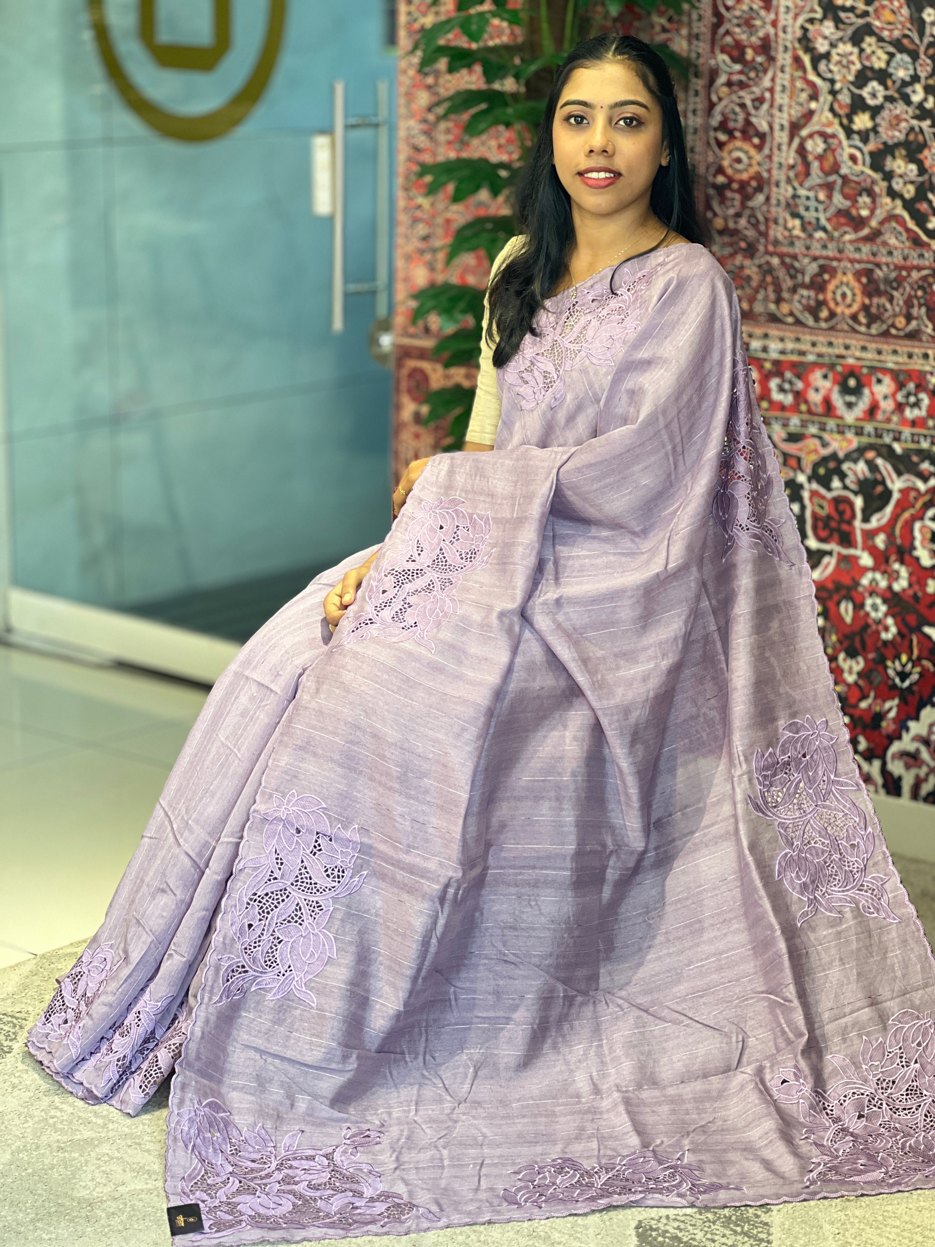 Cut Work With Floral Embroidered Semi Tussar Saree | SUN360