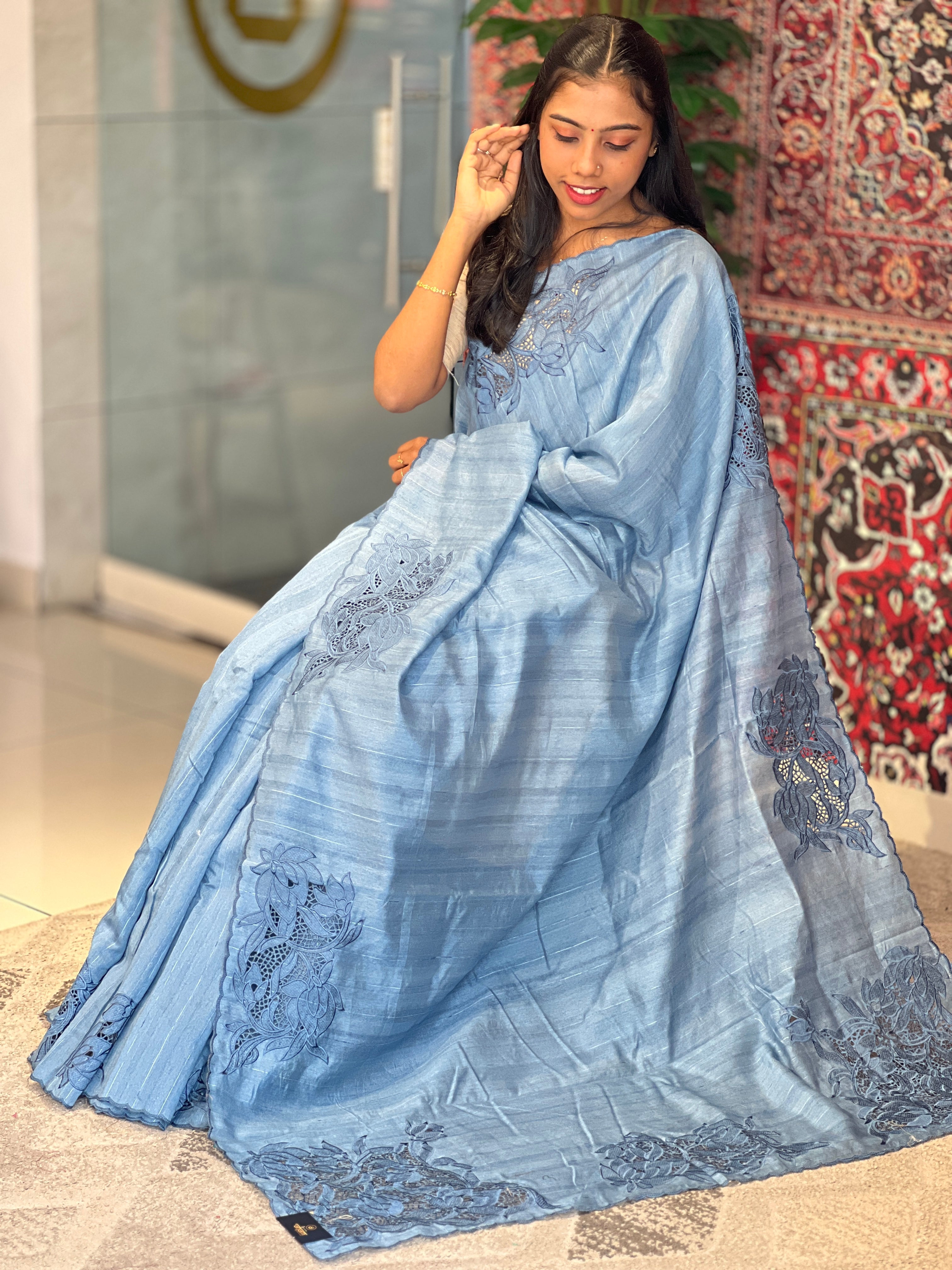 Cut Work With Floral Embroidered Semi Tussar Saree | SUN363