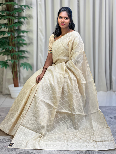 Machine Embroidery Geometric Patterned Tussar Finish Saree | SUN365