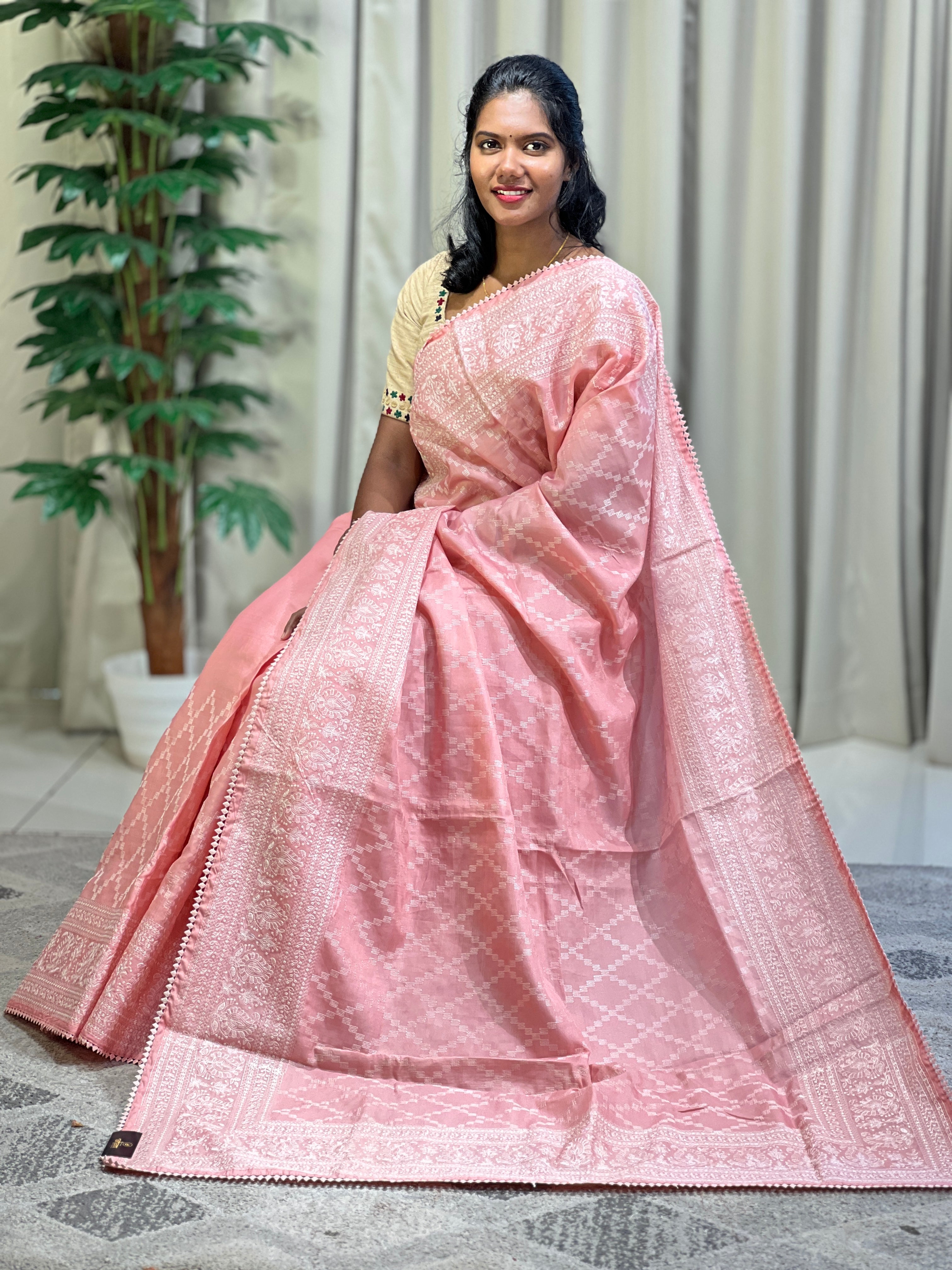 Machine Embroidery Geometric Patterned Tussar Finish Saree | SUN368