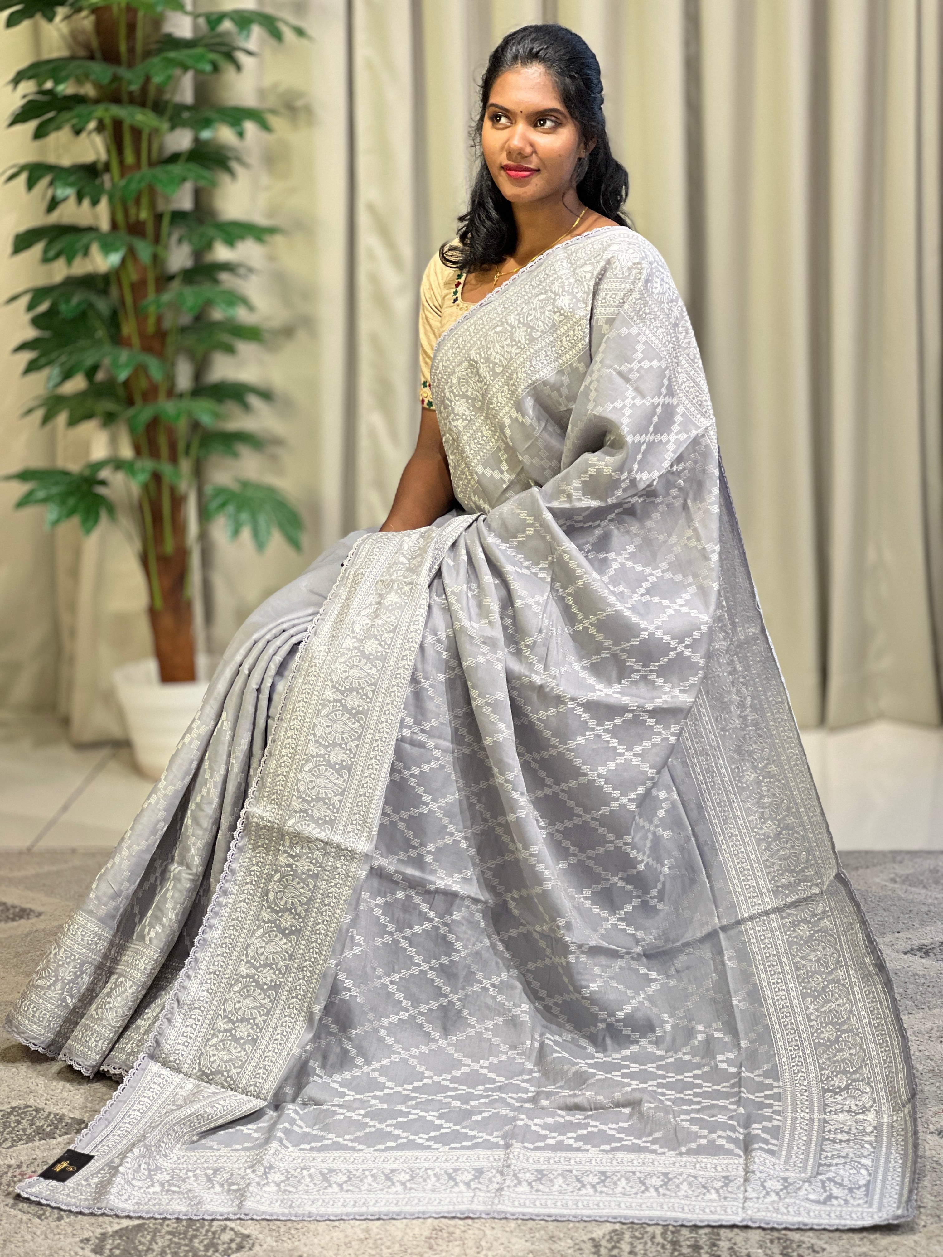 Machine Embroidery Geometric Patterned Tussar Finish Saree | SUN369