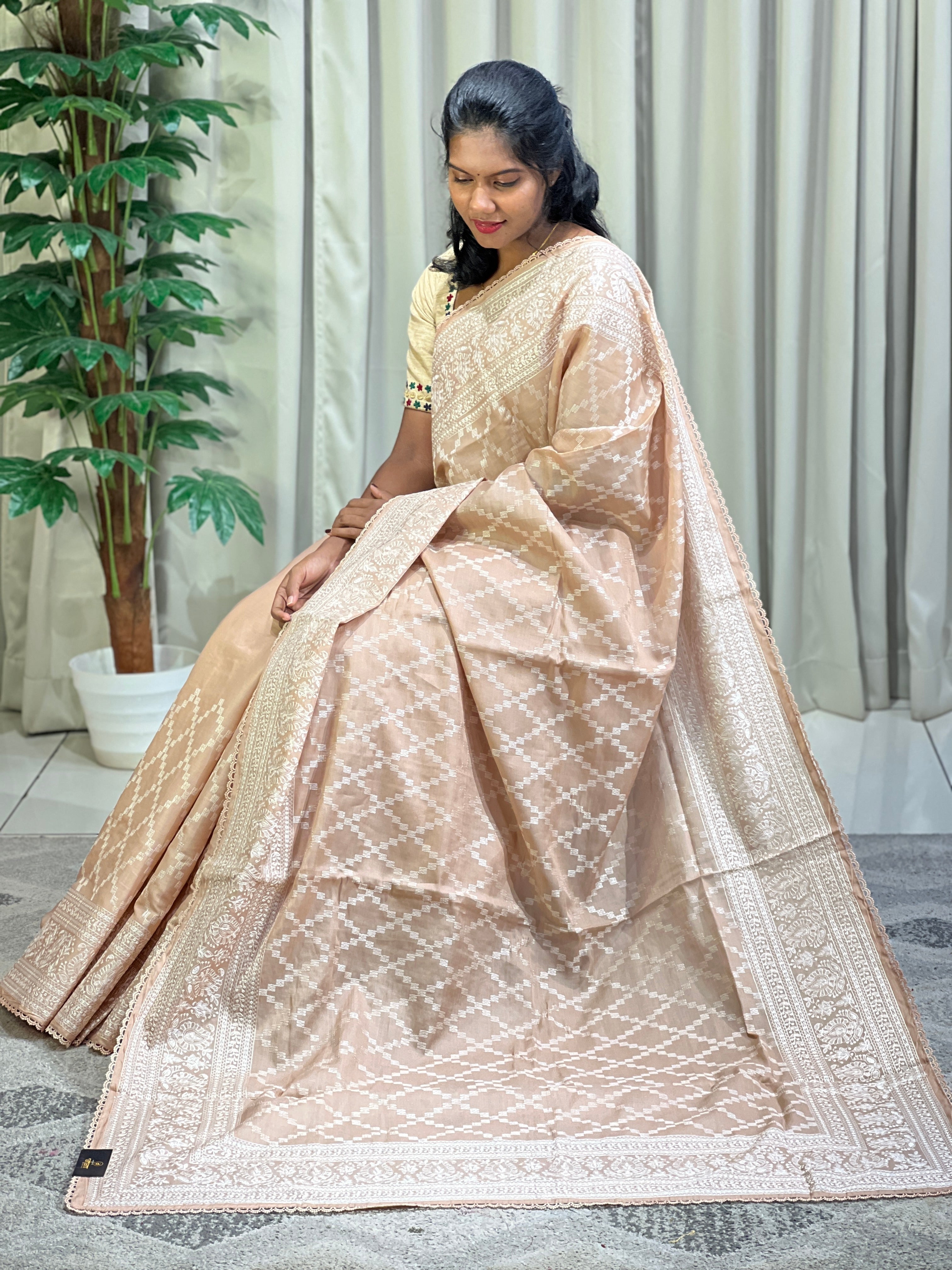 Machine Embroidery Geometric Patterned Tussar Finish Saree | SUN370