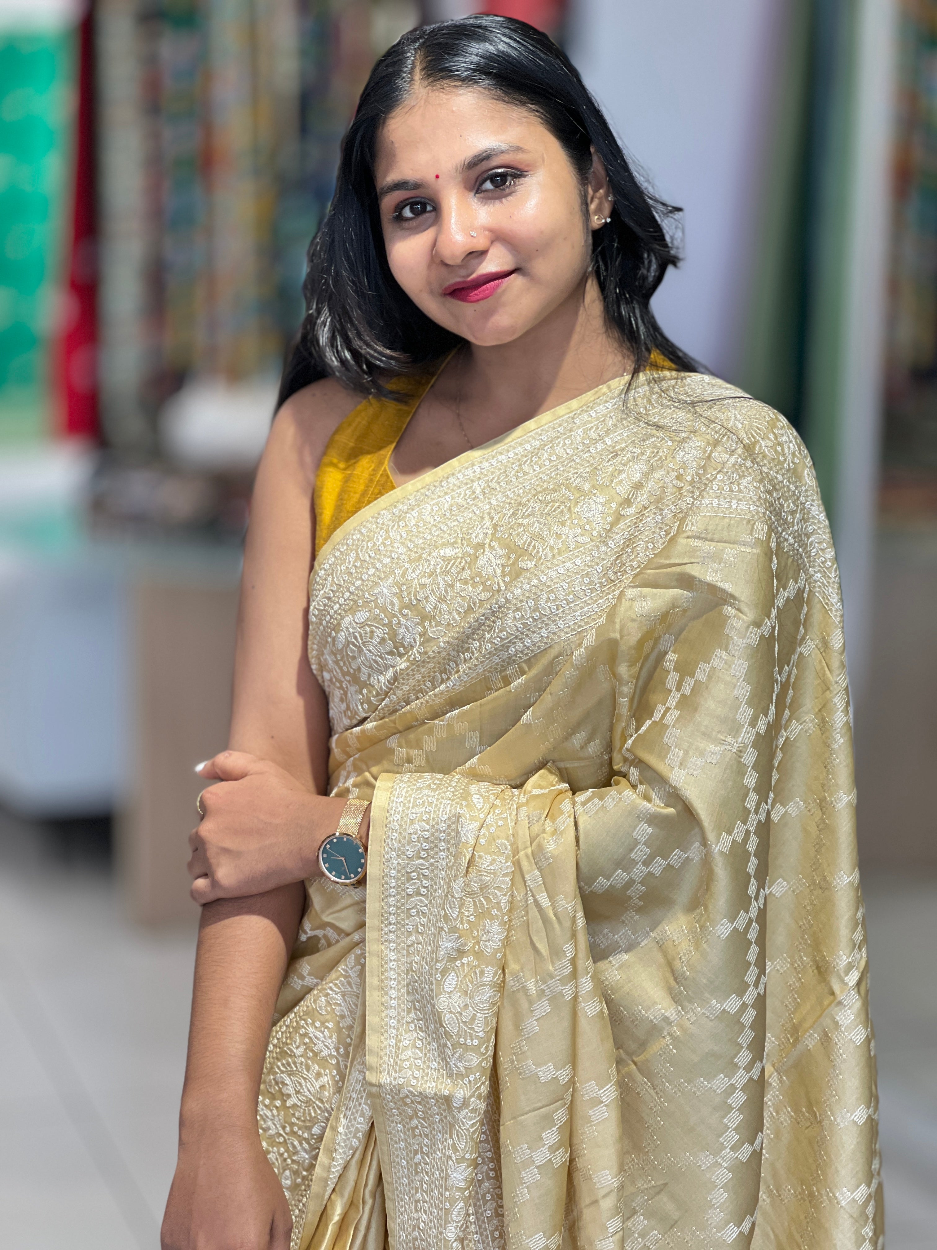 Machine Embroidery Geometric Patterned Tussar Finish Saree | SUN371