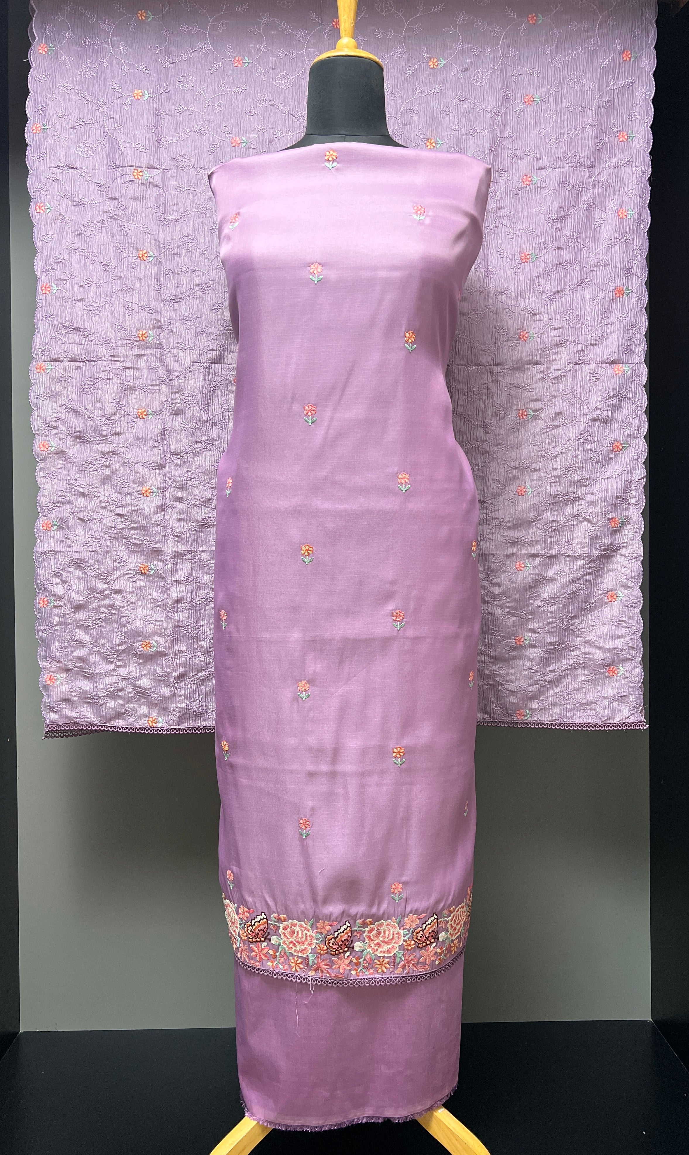 Floral Cross Stitch Embroidery Detailed Semi Silk Salwar Set | SUN375