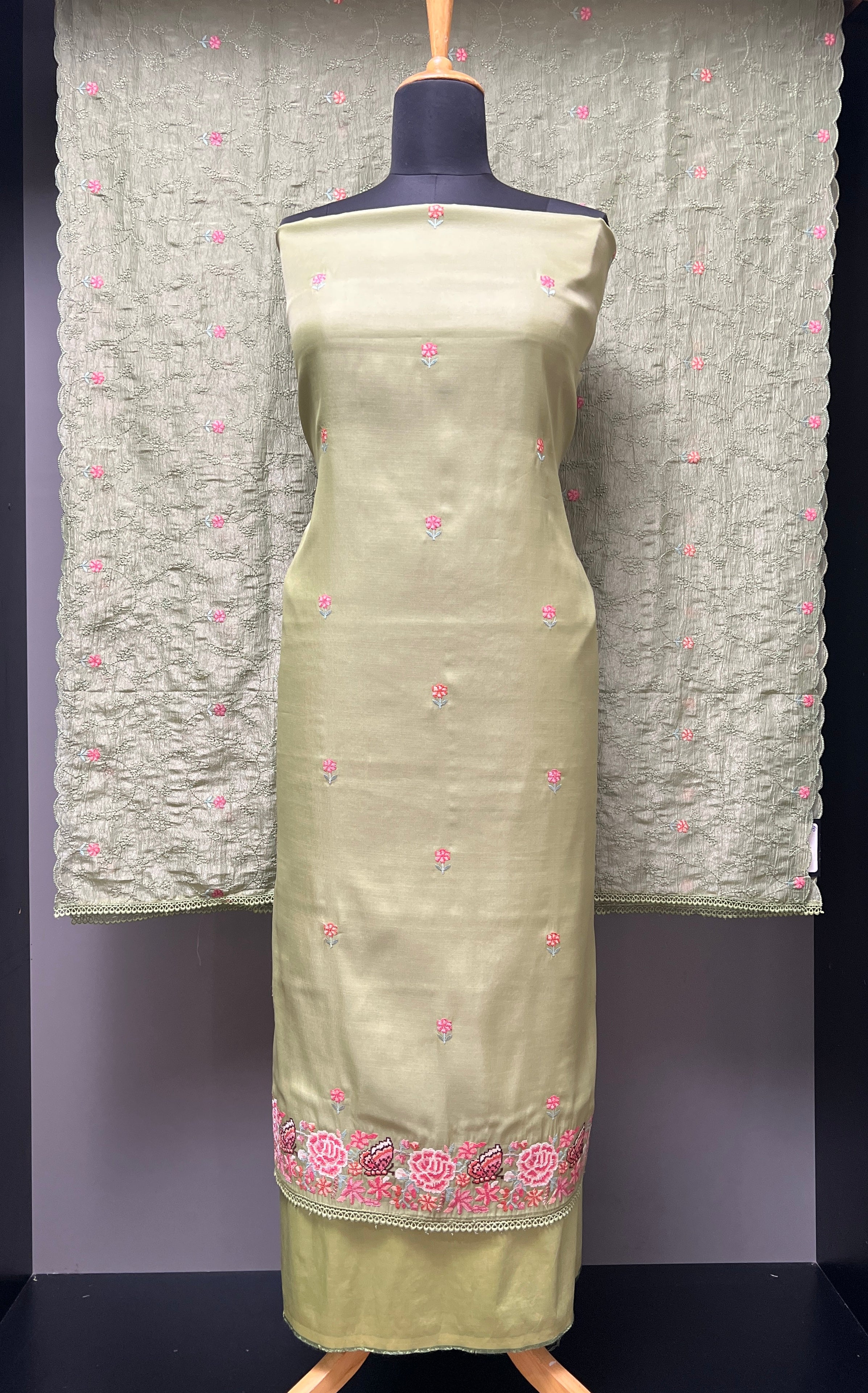 Floral Cross Stitch Embroidery Detailed Semi Silk Salwar Set | SUN378