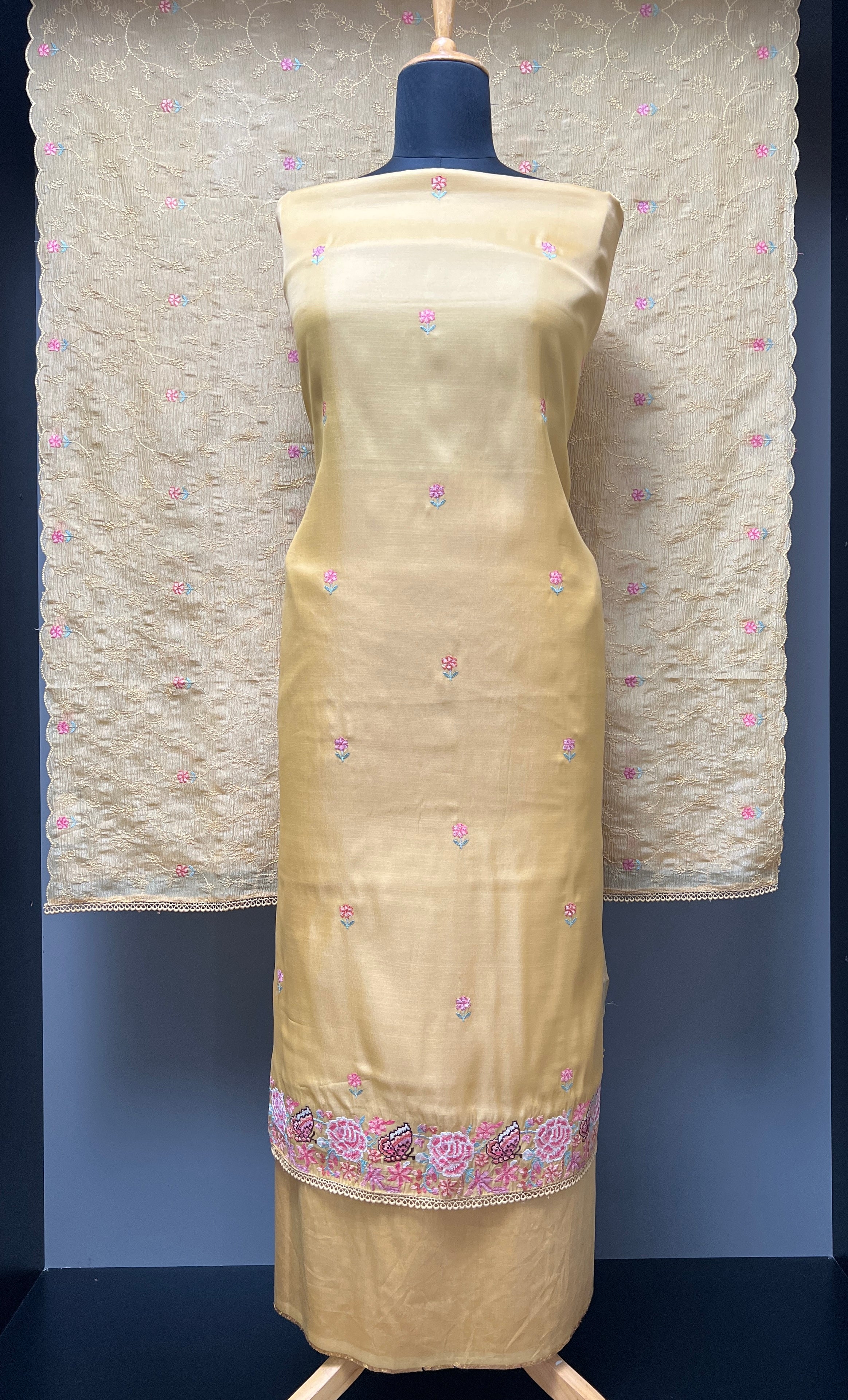 Floral Cross Stitch Embroidery Detailed Semi Silk Salwar Set | SUN379