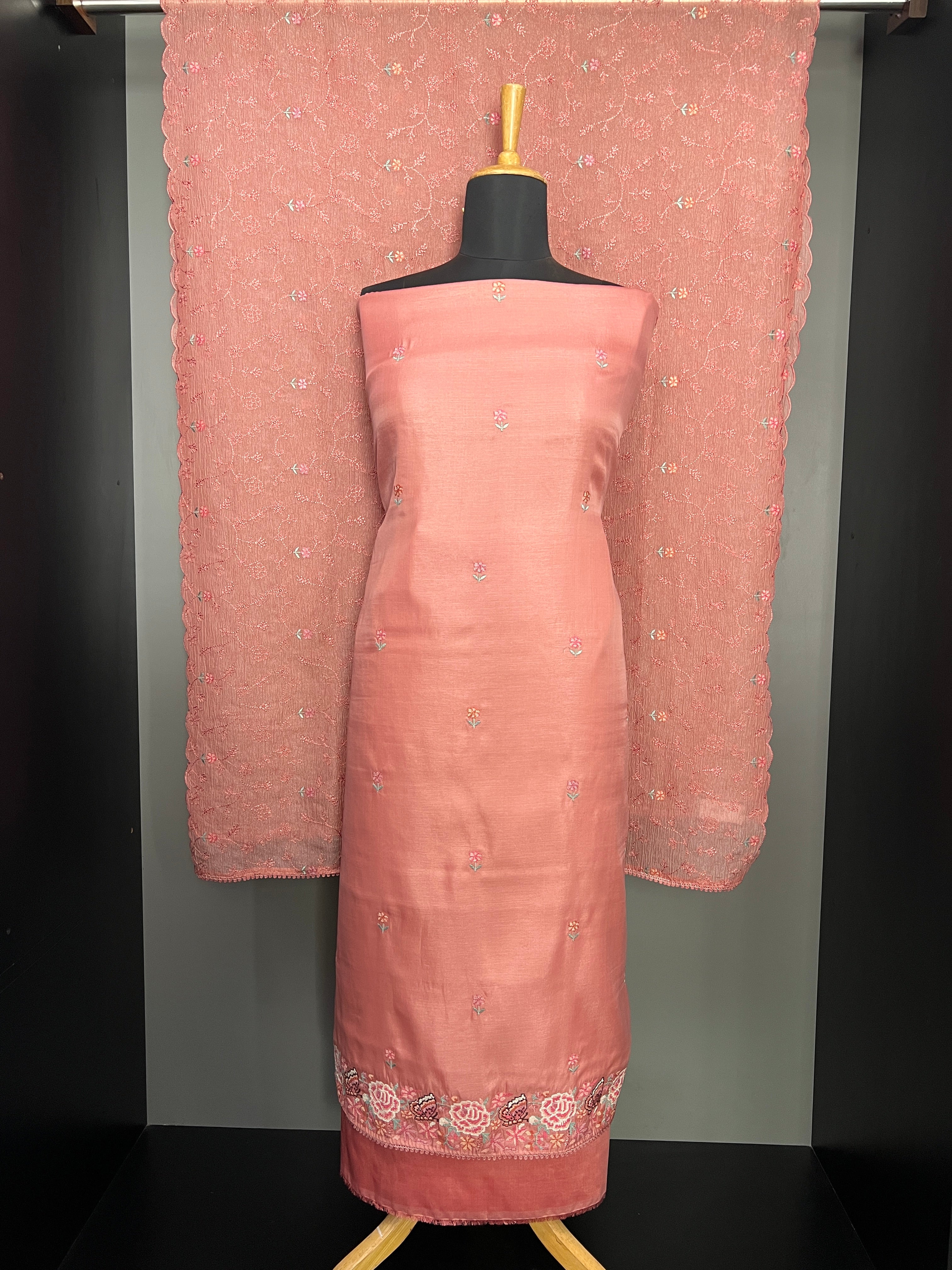 Floral Cross Stitch Embroidery Detailed Semi Silk Salwar Set | SUN677