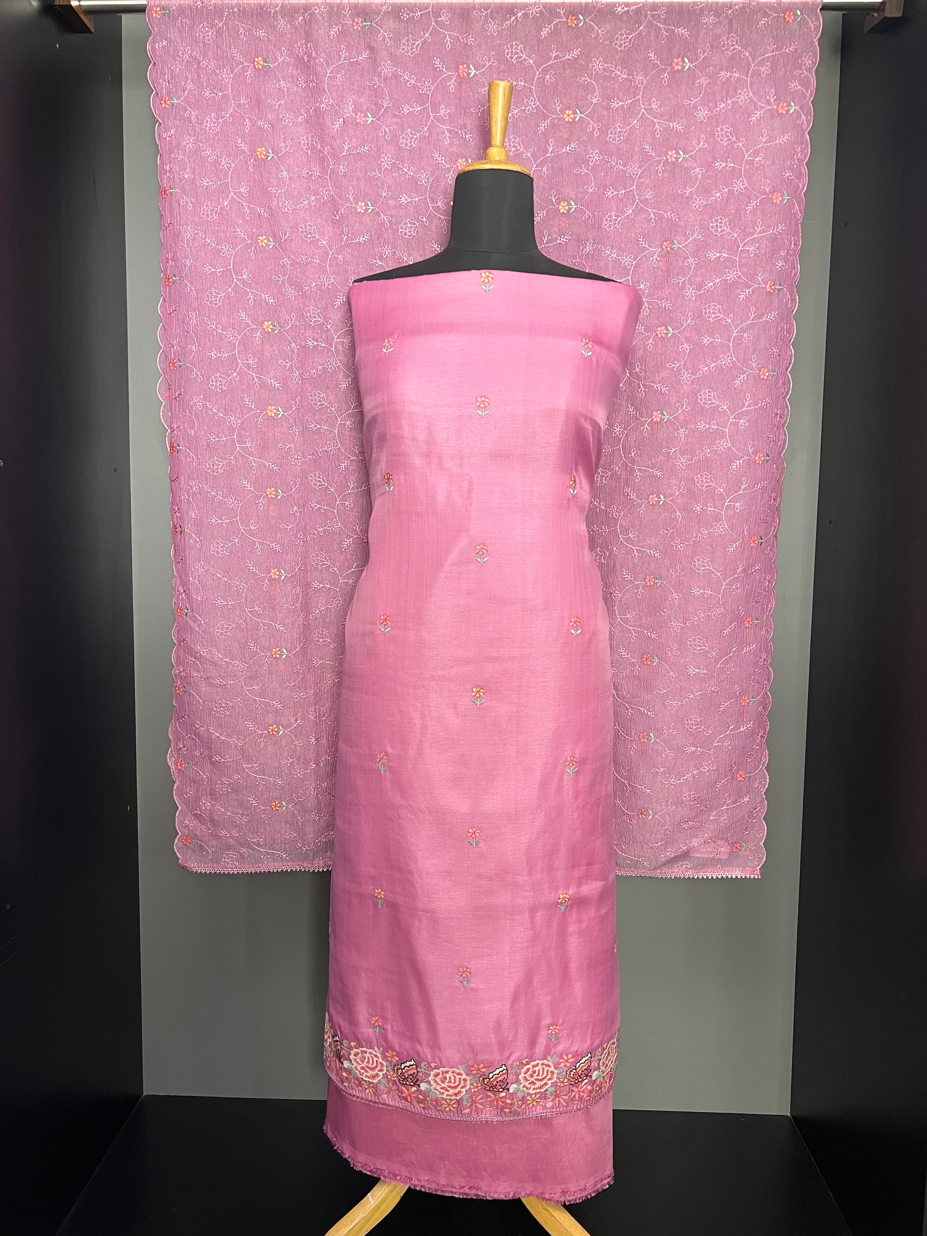 Floral Cross Stitch Embroidery Detailed Semi Silk Salwar Set | SUN680