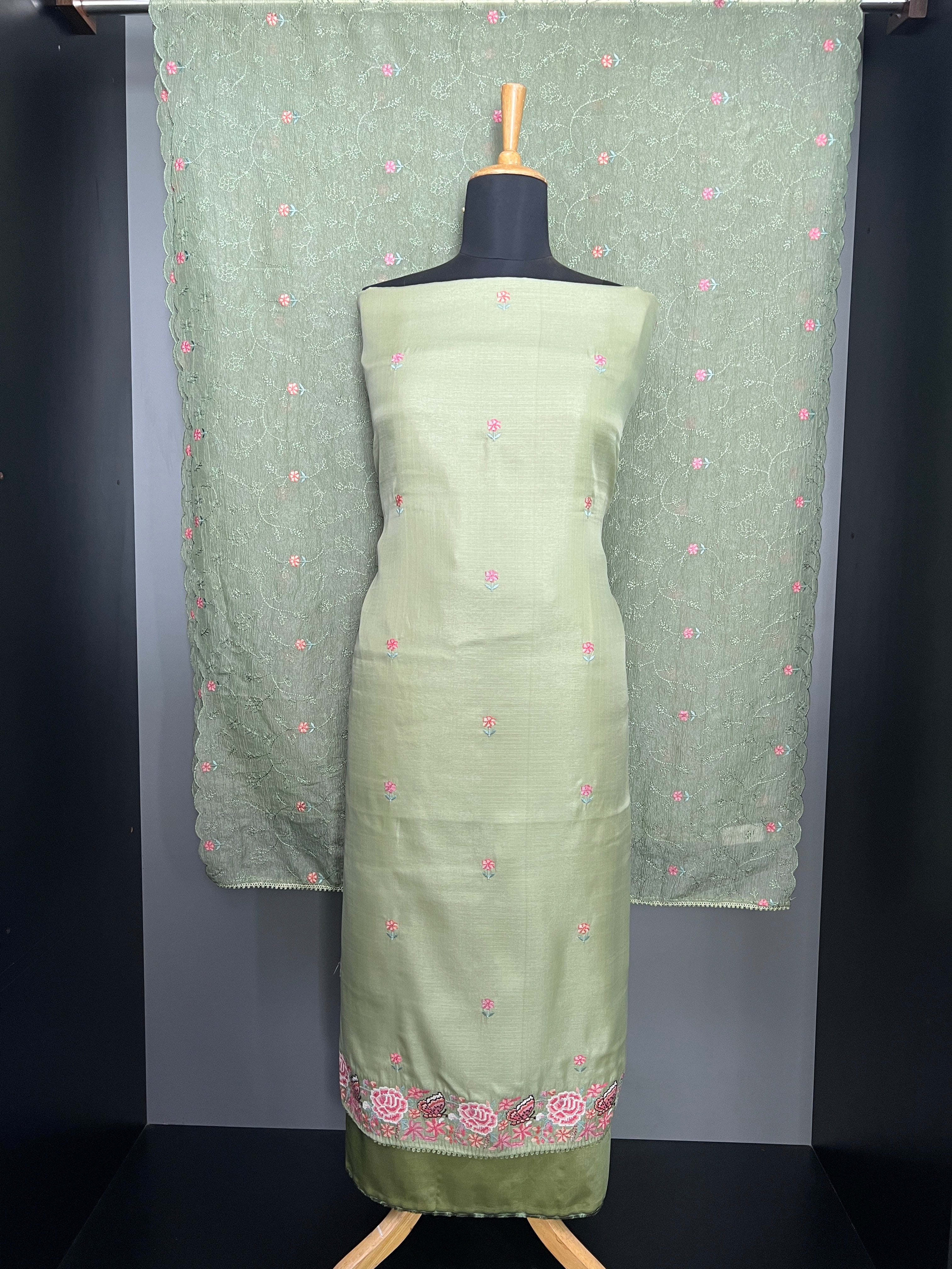 Floral Cross Stitch Embroidery Detailed Semi Silk Salwar Set | SUN681