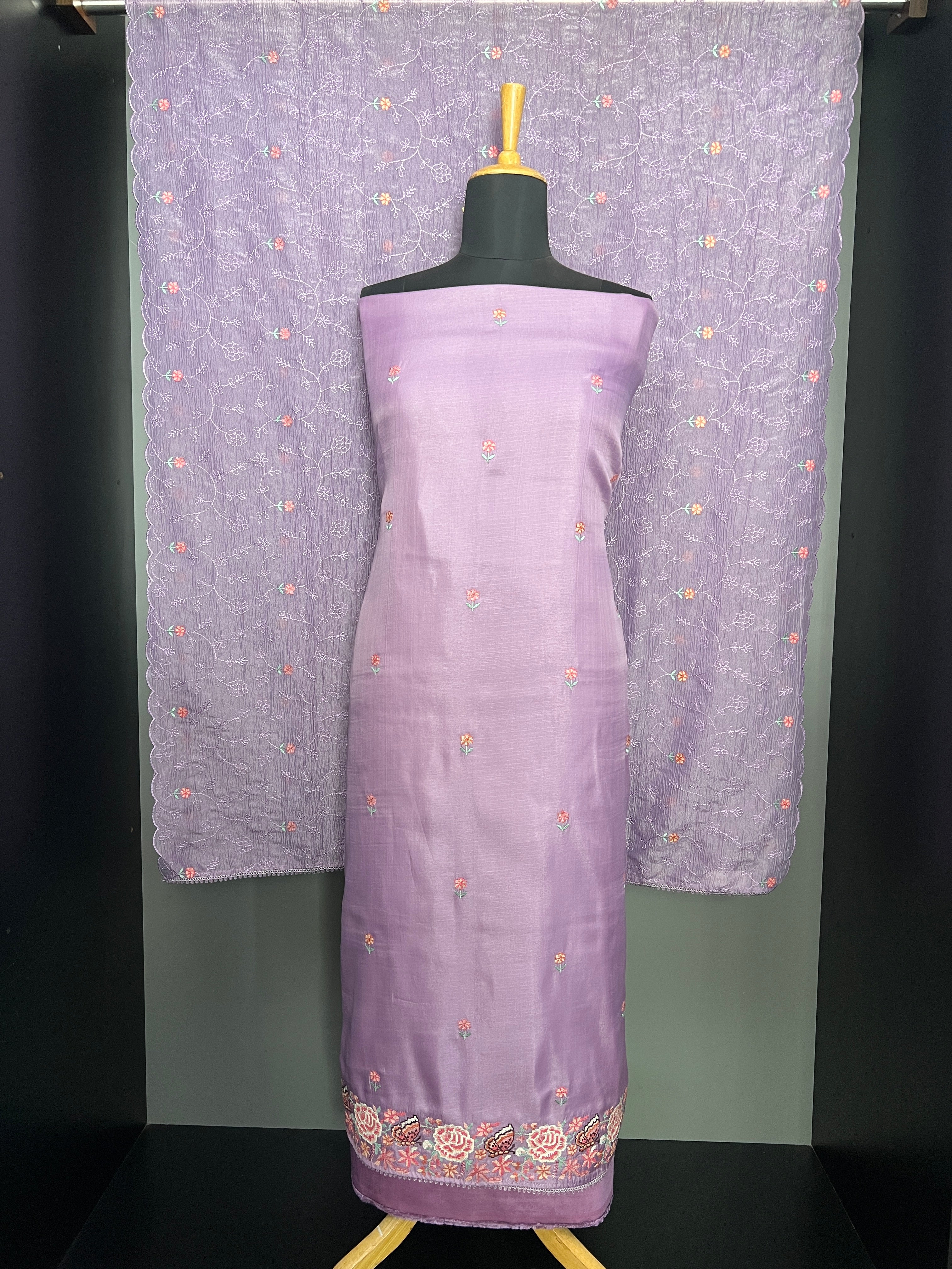 Floral Cross Stitch Embroidery Detailed Semi Silk Salwar Set | SUN682