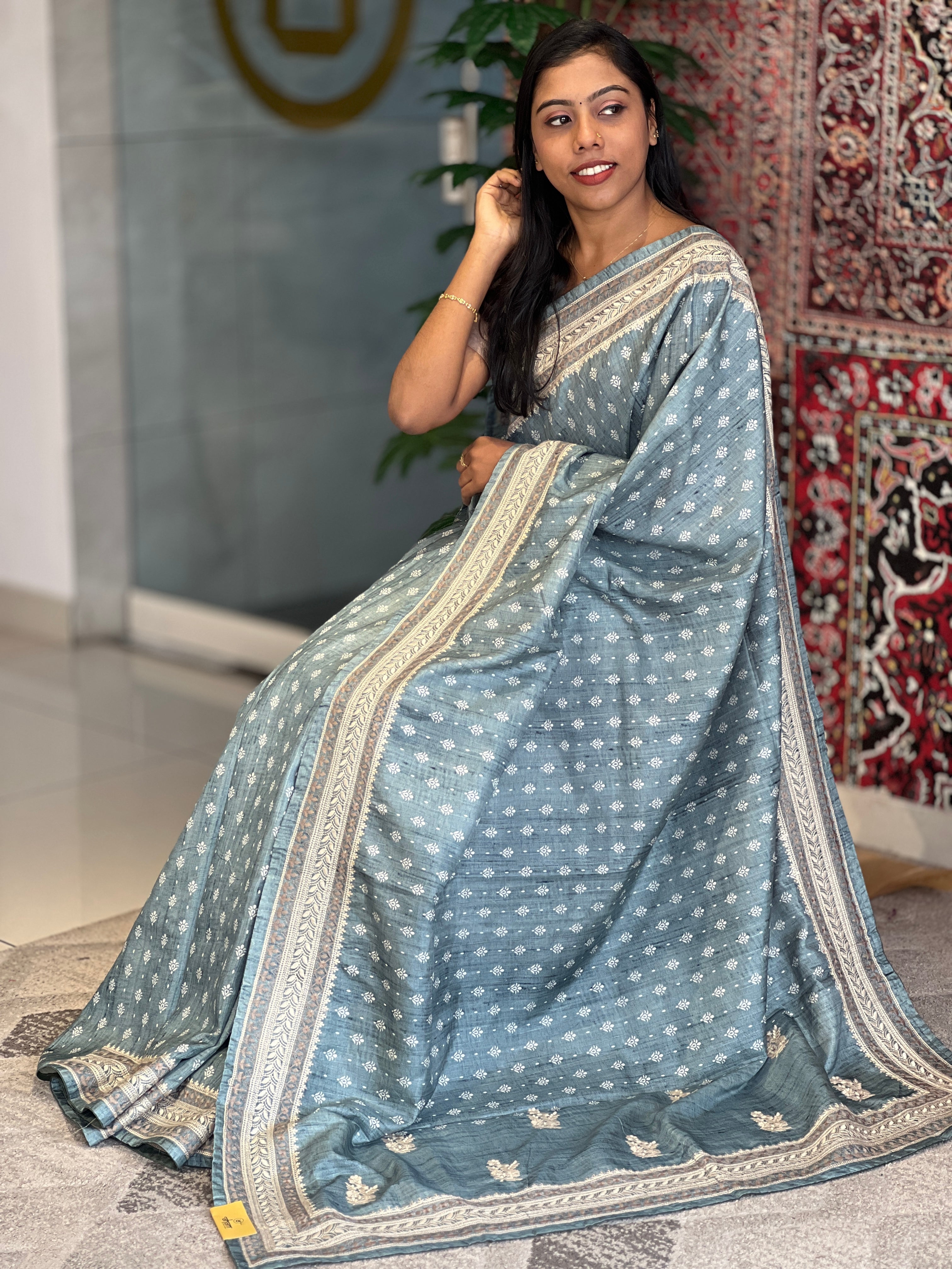 Print With Machine Embroidery Detailed Semi Tussar Saree | SVF155