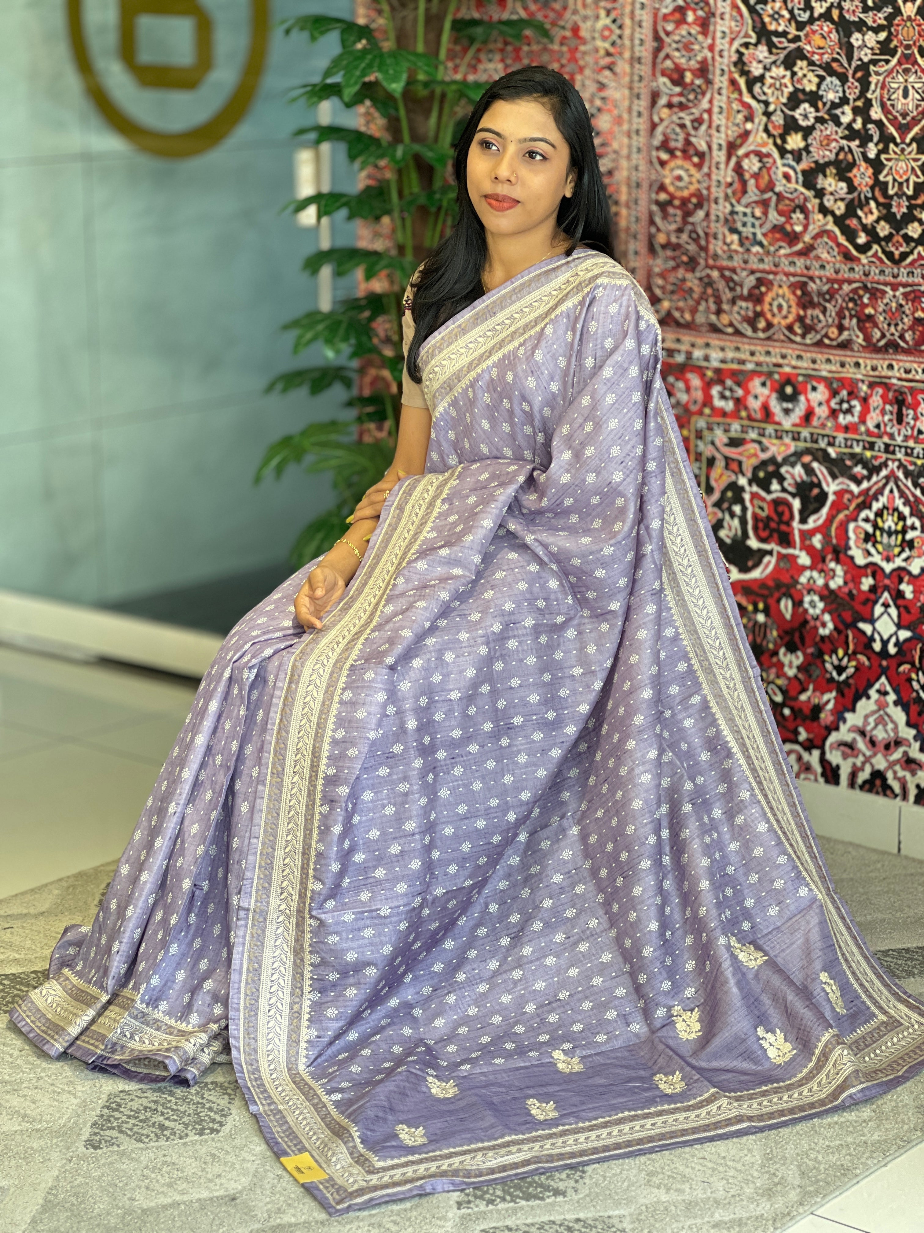 Print With Machine Embroidery Detailed Semi Tussar Saree | SVF159