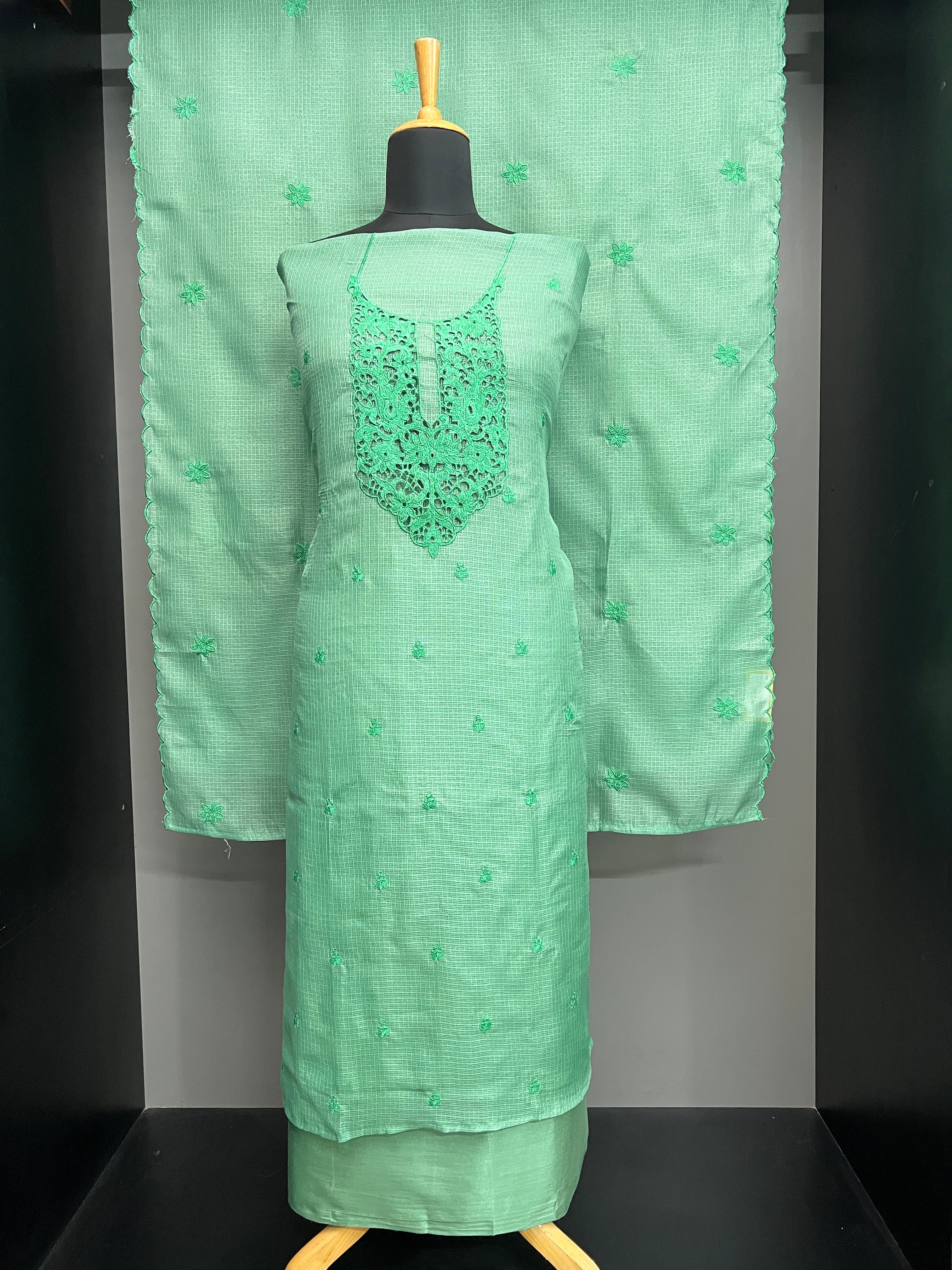Machine Cutwork Embroidery Detailed Silky Kota Salwar Set | SW2219