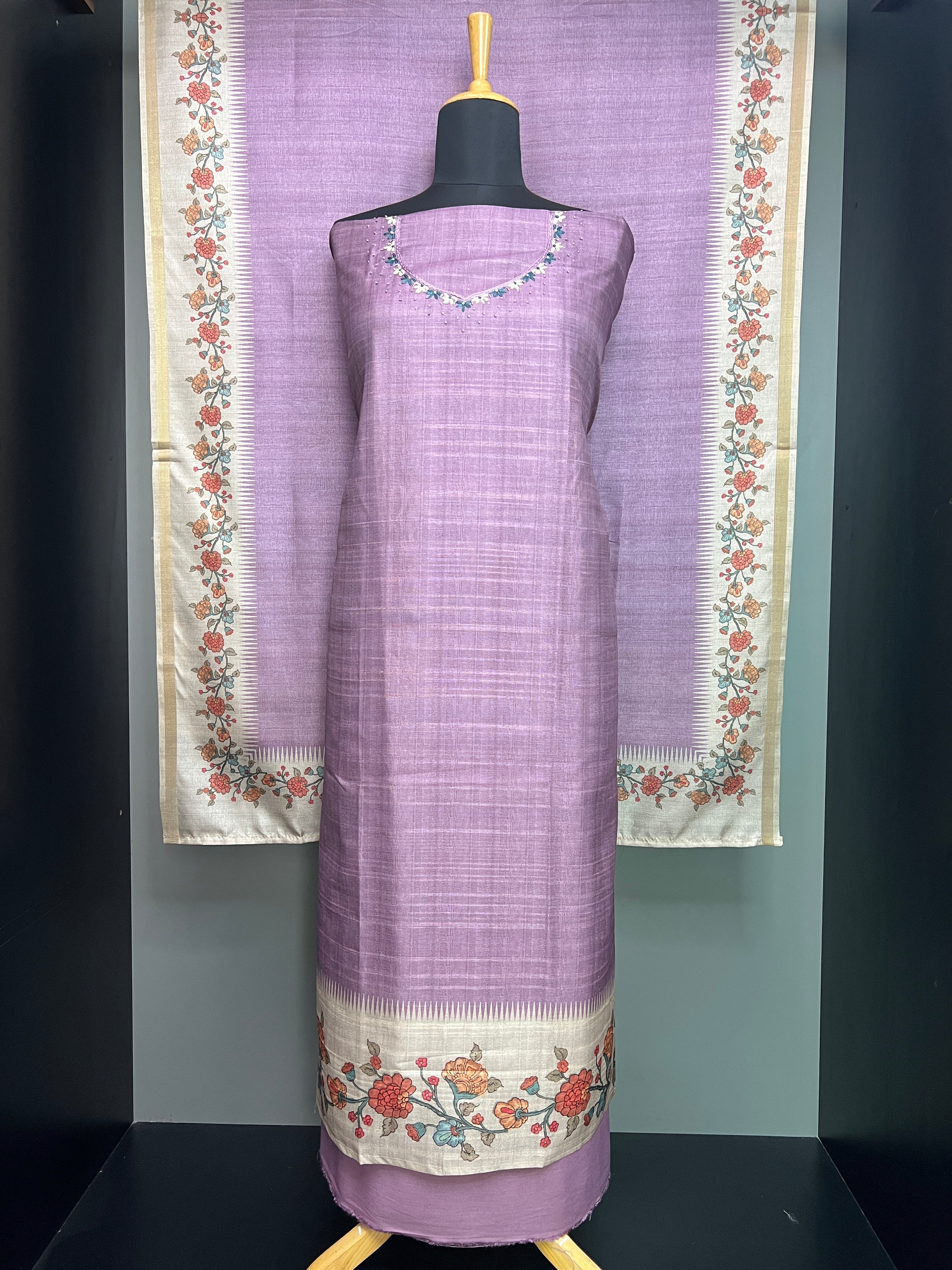Kalamkari Inspired Print Detailed Semi Tussar Salwar Set | SW2230