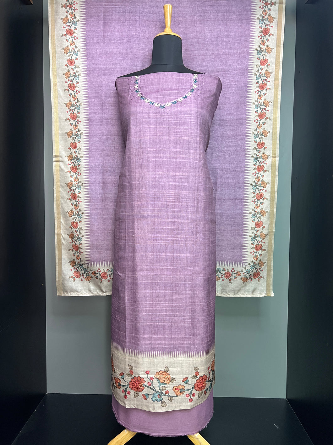 Kalamkari Inspired Print Detailed Semi Tussar Salwar Set | SW2230