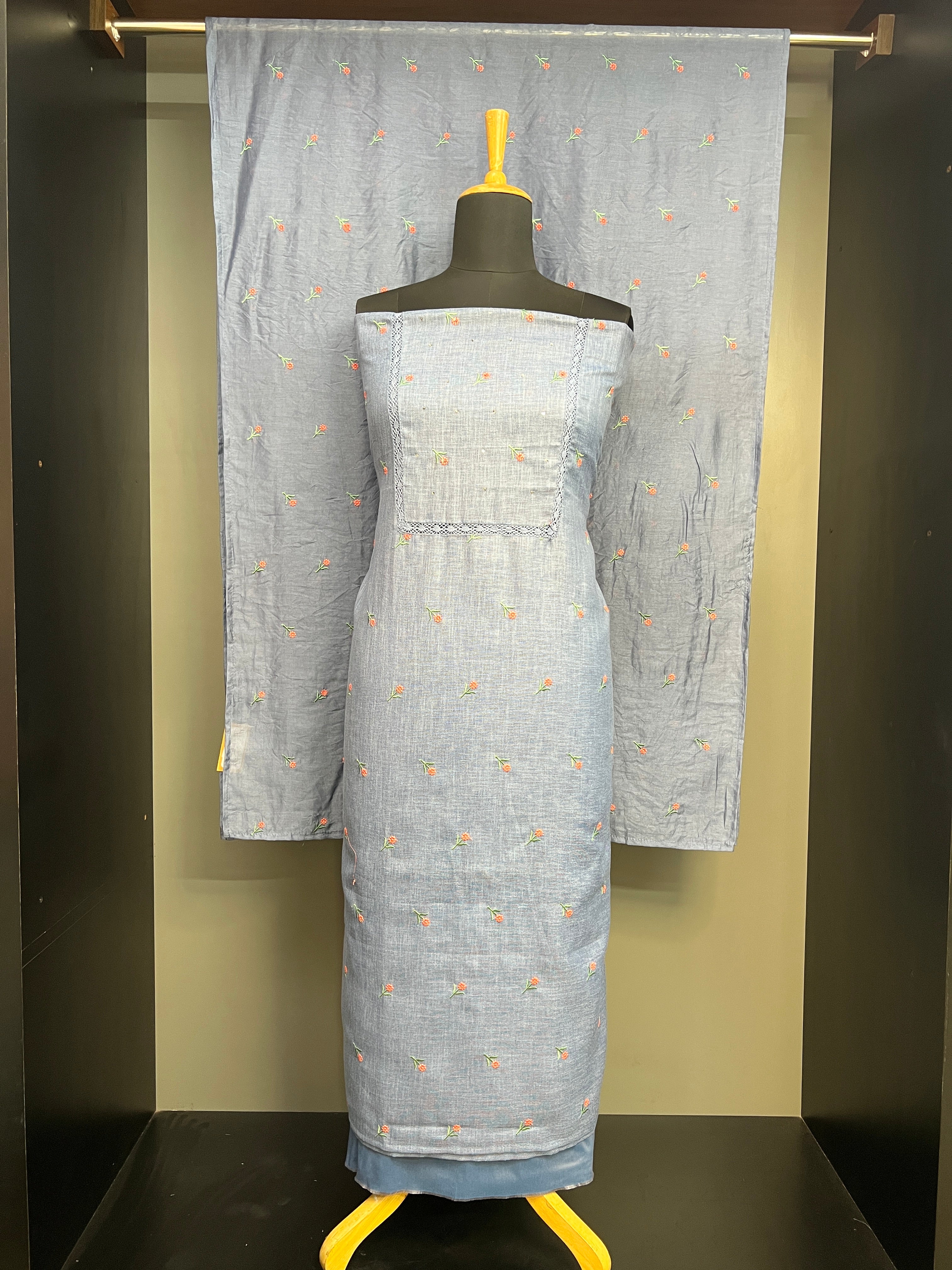 Floral Machine Embroidery Semi Linen Salwar Set | SW2421