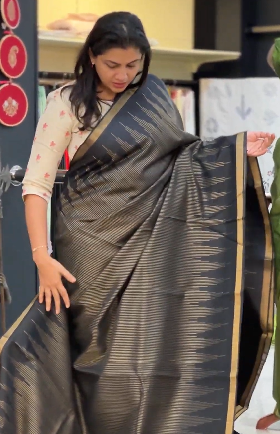 Traditional Temple Border Detailed Handloom Raw Silk Saree | HS1379