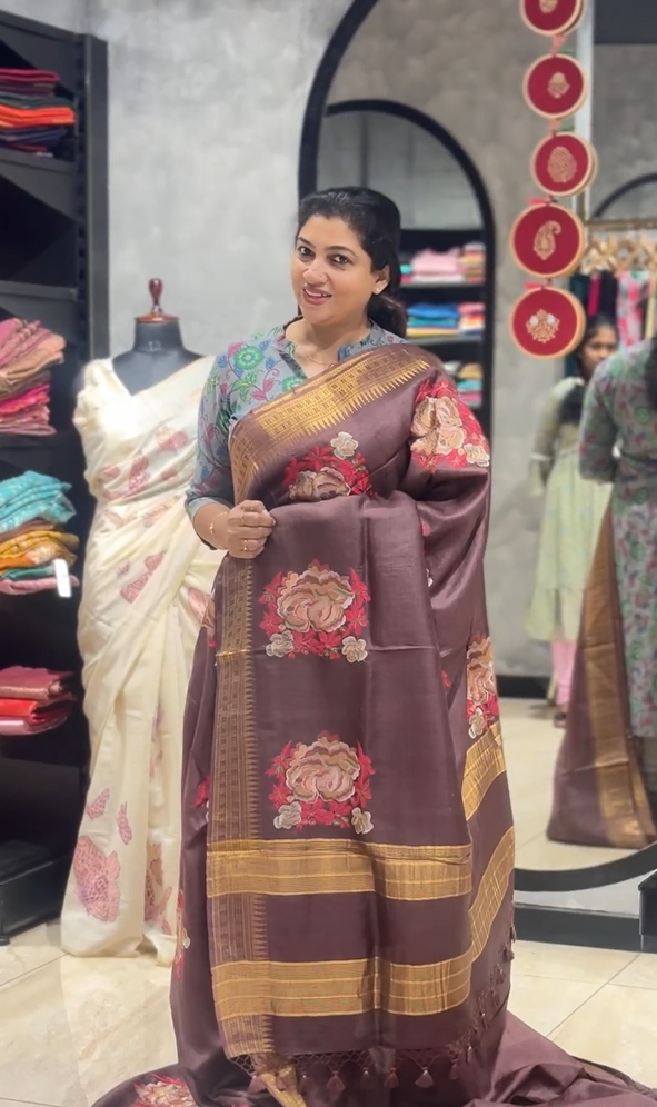 Floral Embroidery Placement Detailed Desi Tussar Saree | RGD889R