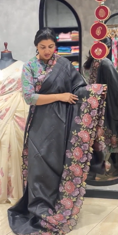 Floral Cross Stitch Embroidered Desi Tussar Saree | RGD849R