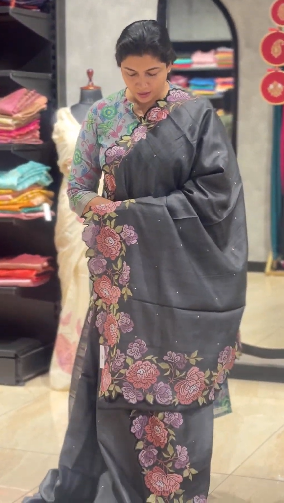 Floral Cross Stitch Embroidered Desi Tussar Saree | RGD849R