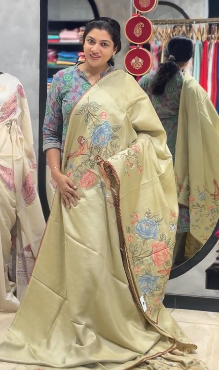 Floral & Birds Embroidery Detailed Desi Tussar Saree | RGD857R