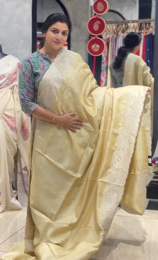 Silver Zari With Thread Embroidered Tussar Saree | RGD838R