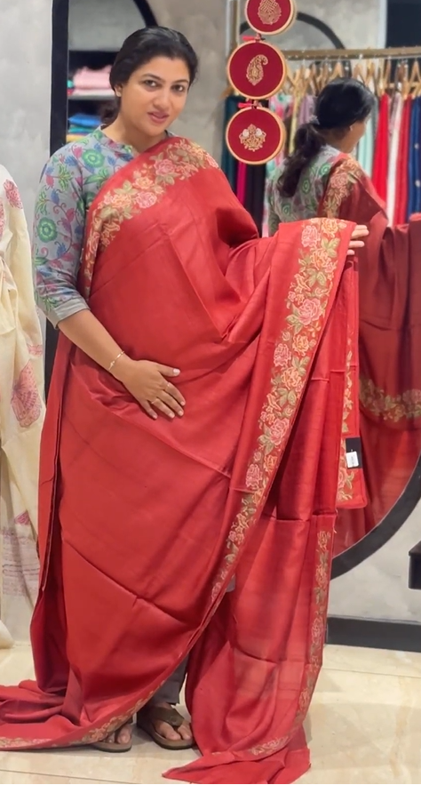 Floral Cross Stitch Embroidery Detailed Desi Tussar Saree | RGD854R