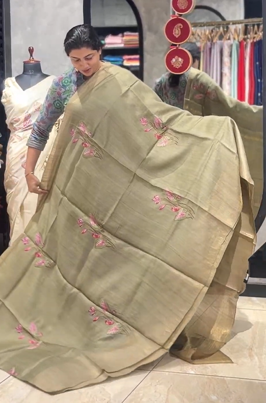 Floral Embroidery Placement Detailed Desi Tussar Saree | RGD913R