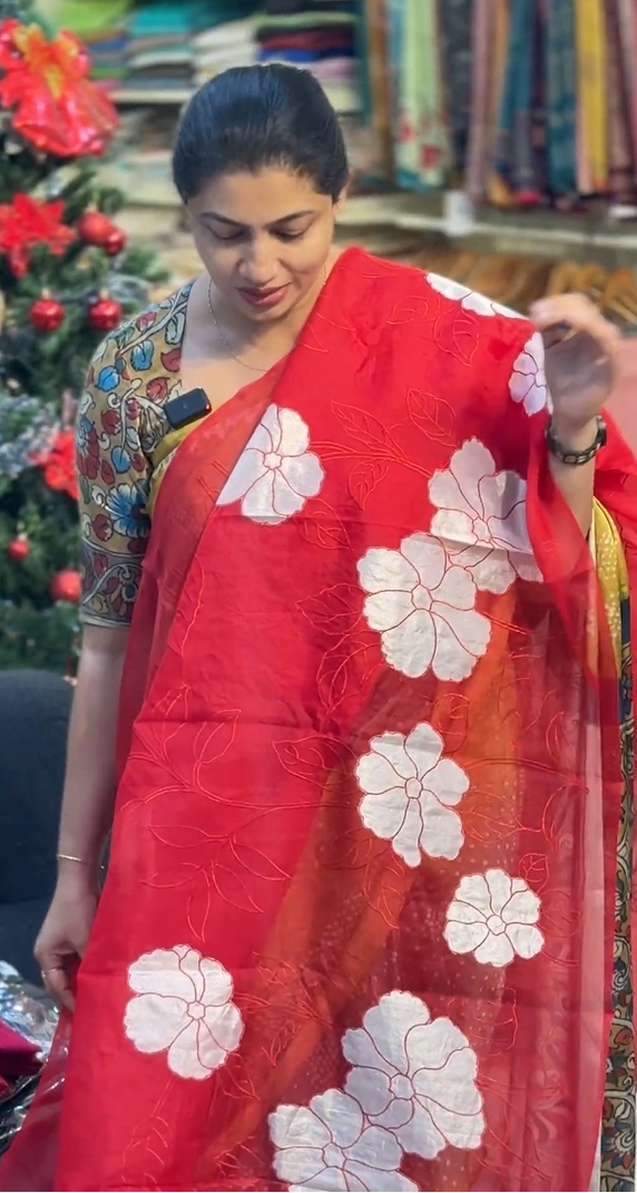 Floral Applique Work Detailed Pure Organza Saree | MM164