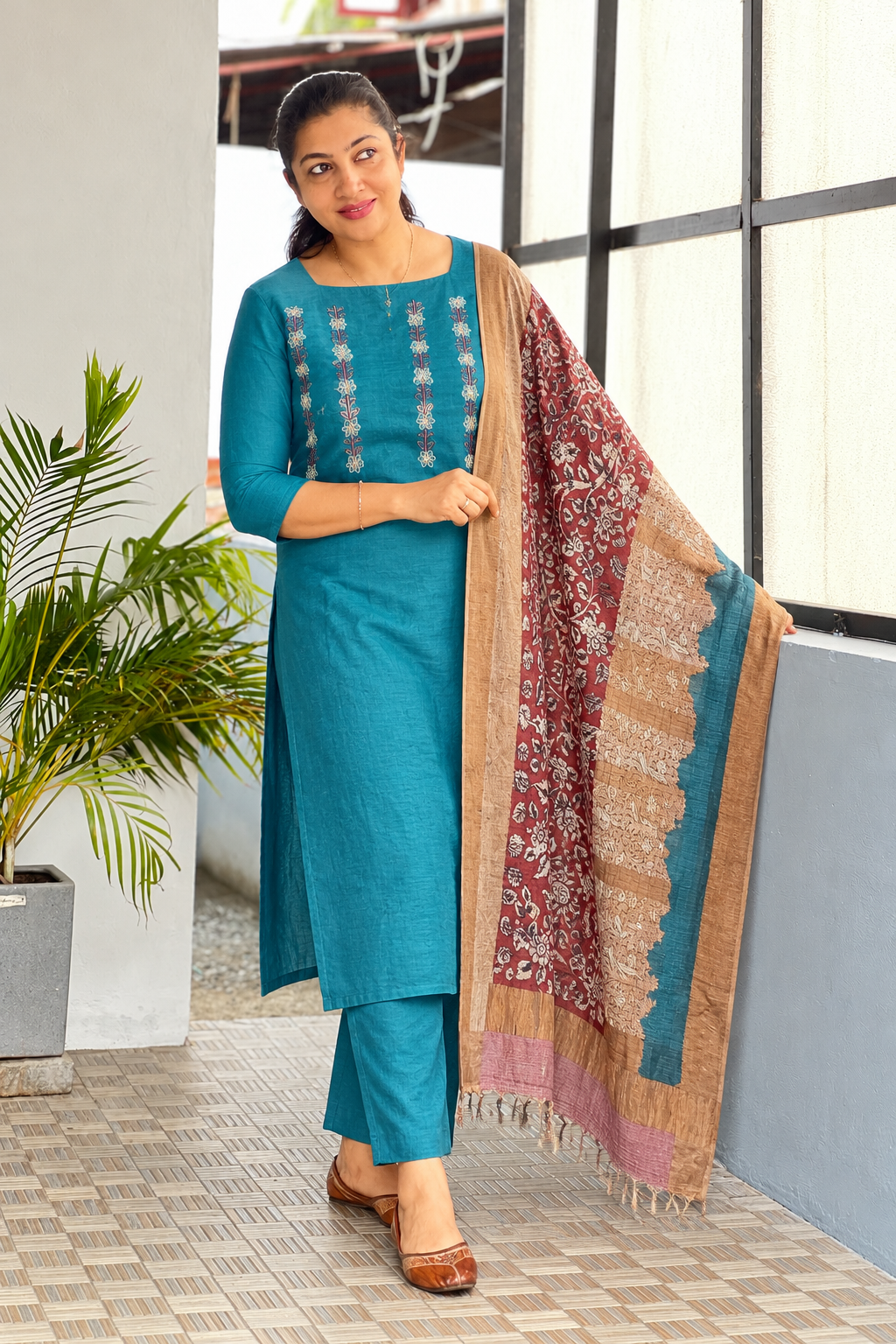 Mul Chanderi Single-Thread Floral Embroidered Salwar Set | HAK102