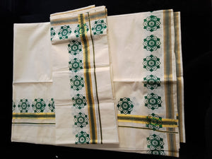 Floral Screen Printed Kerala Cotton Set Mundu ( Without Blouse) | KL229