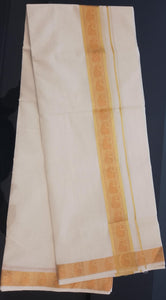 Balaramapuram Handloom Off White Dhoti With Golden Parsley Design In Kasavu Border | KL207