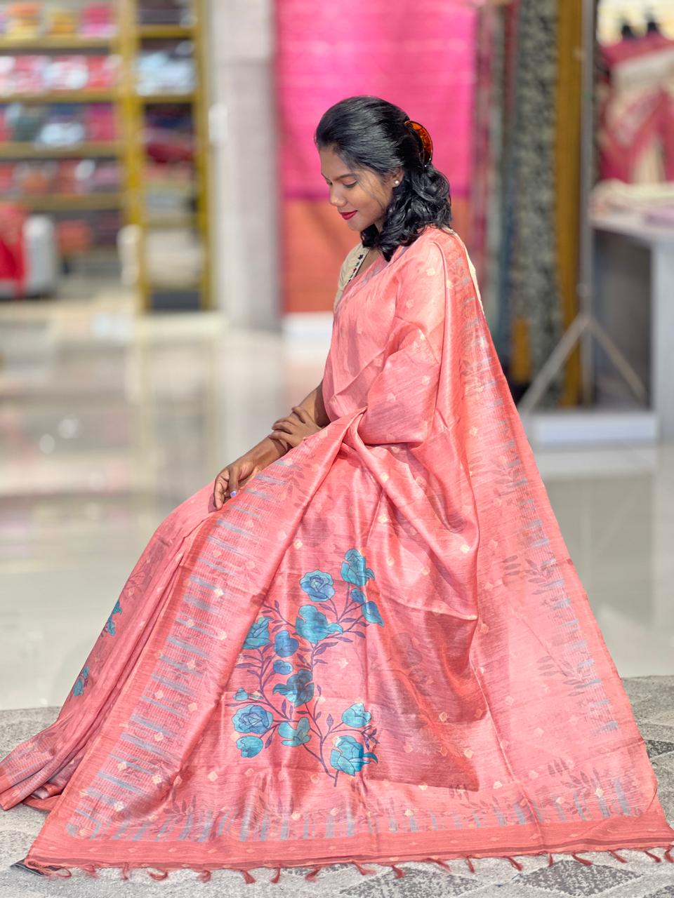 Floral Printed Bhagalpuri Linen Saree | GMS311