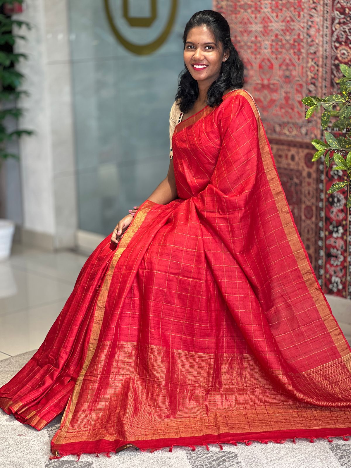 Check Patterned Tussar Saree | SBS1260