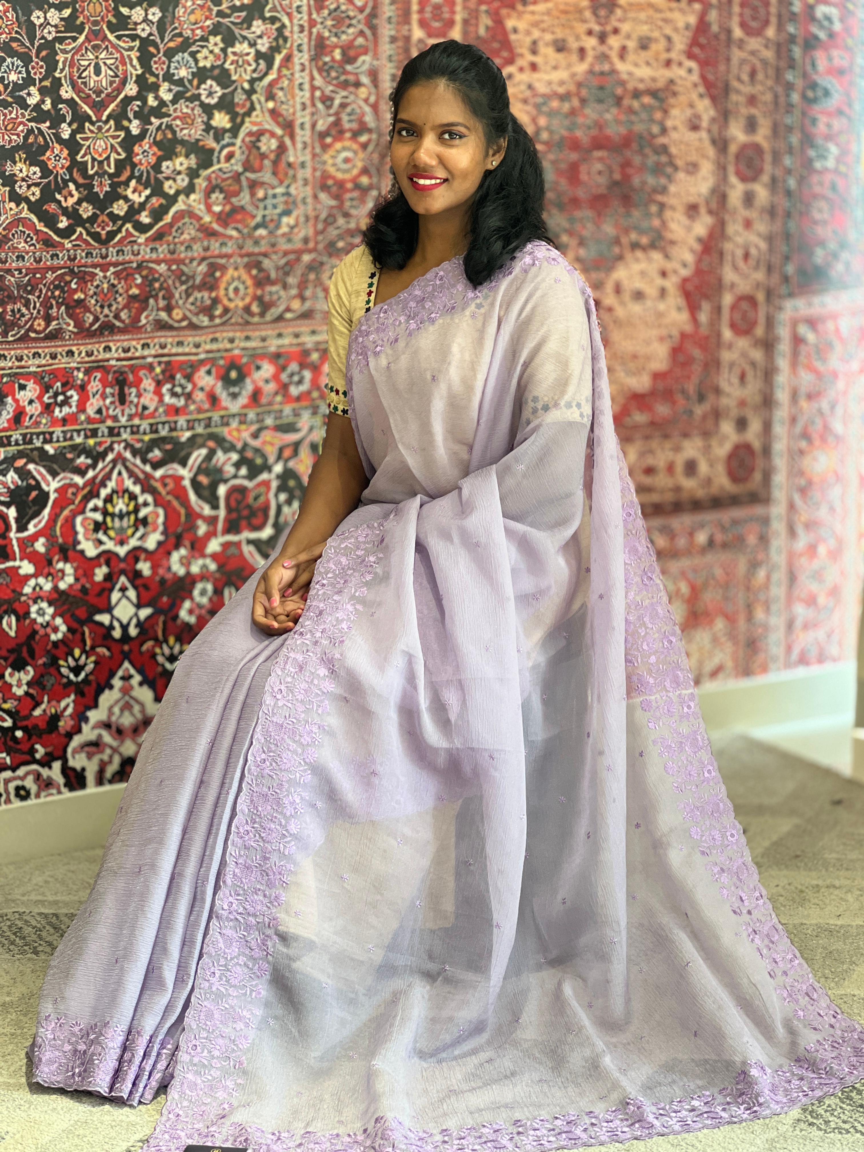 Embroidery Border Detailed Crushed Organza Saree | SBP720
