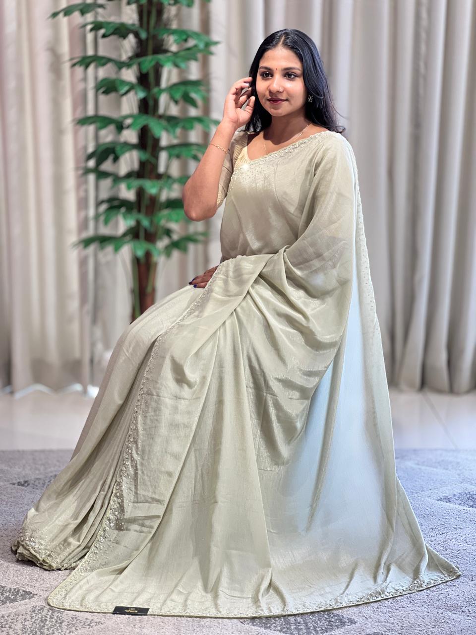 Hand Work Shimmer Chinon Saree | SBP825
