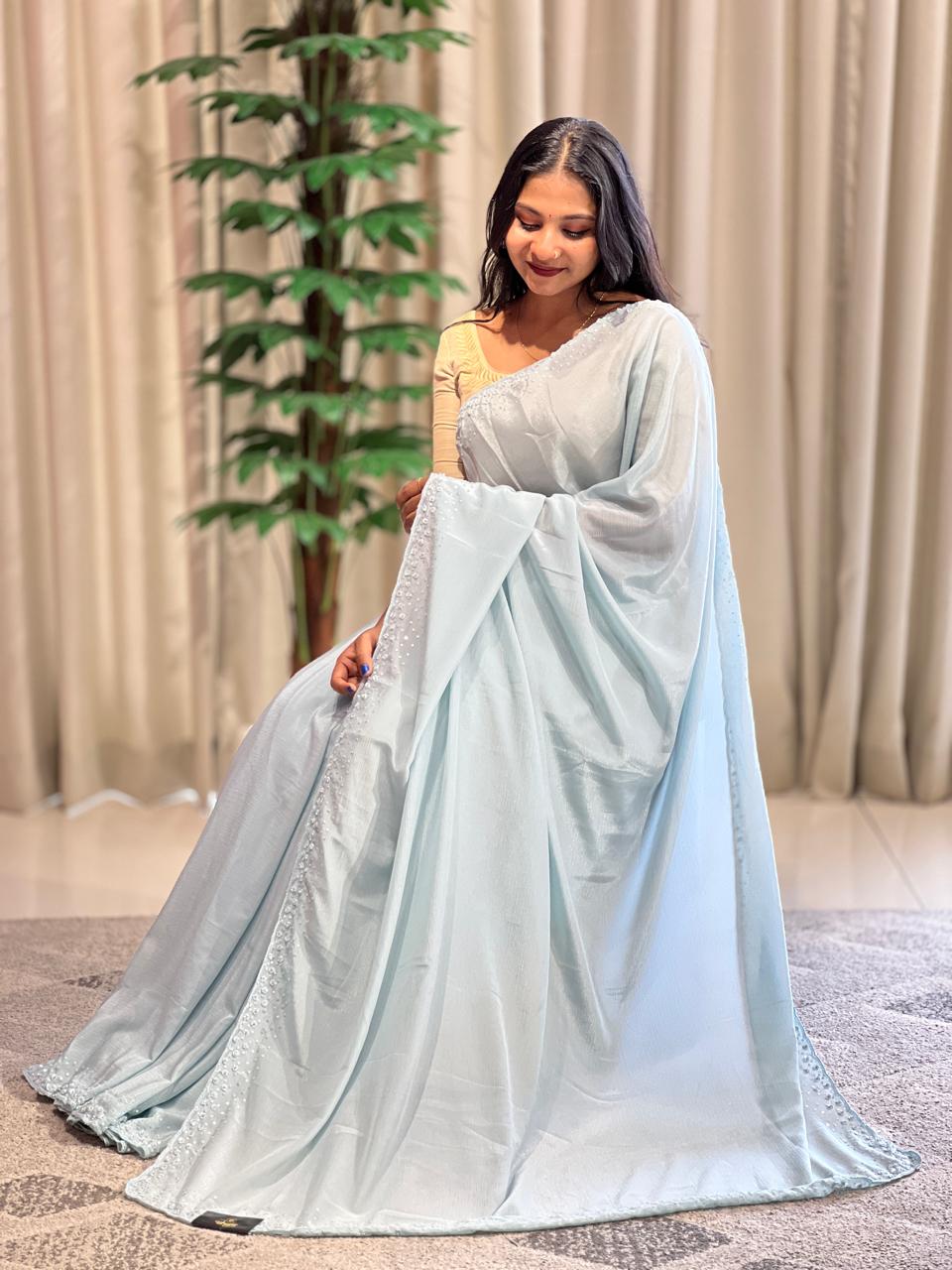 Hand Work Shimmer Chinon Saree | SBP823